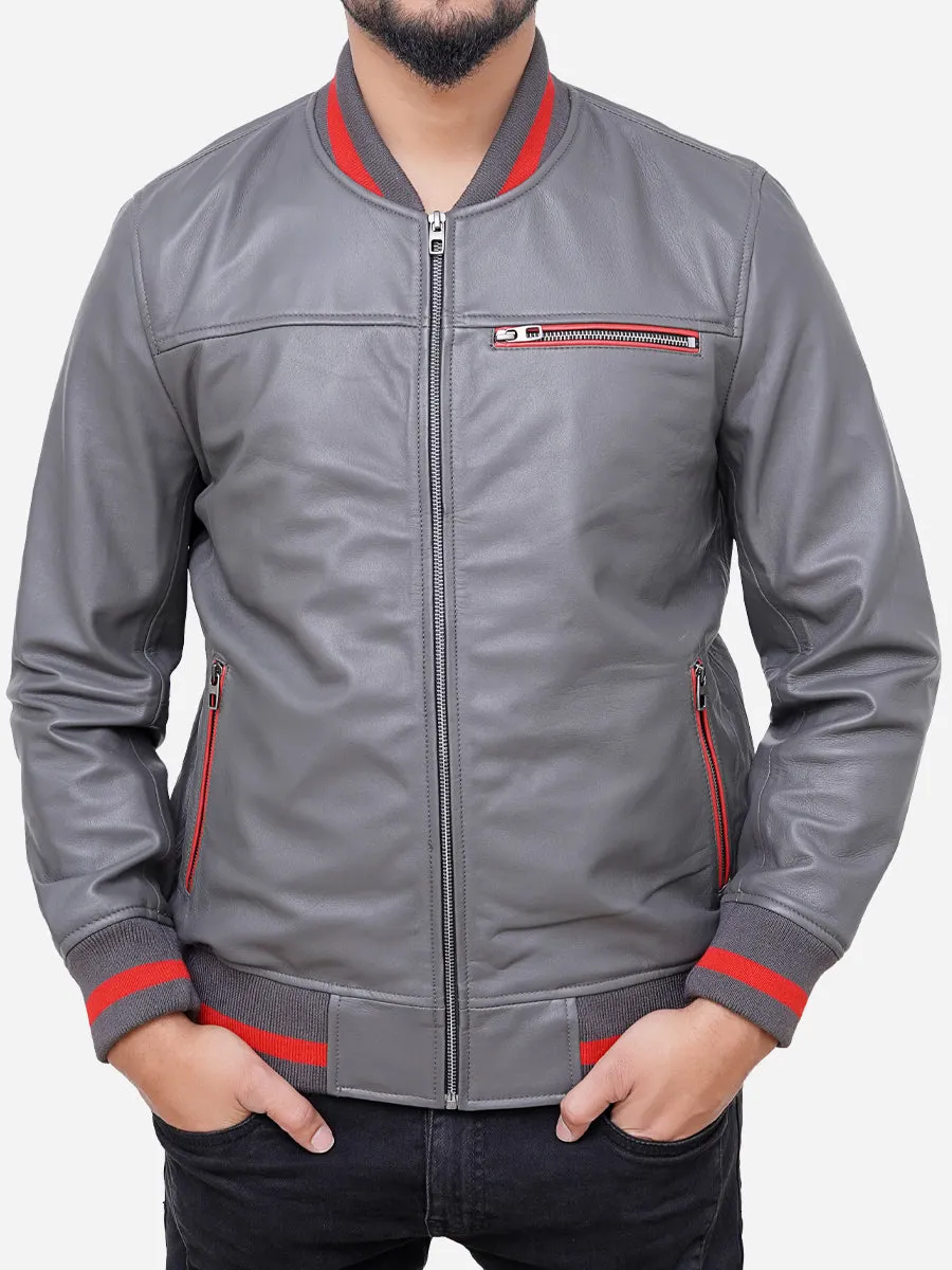 Adam Classic Slim Fit Grey Leather Bomber Jacket