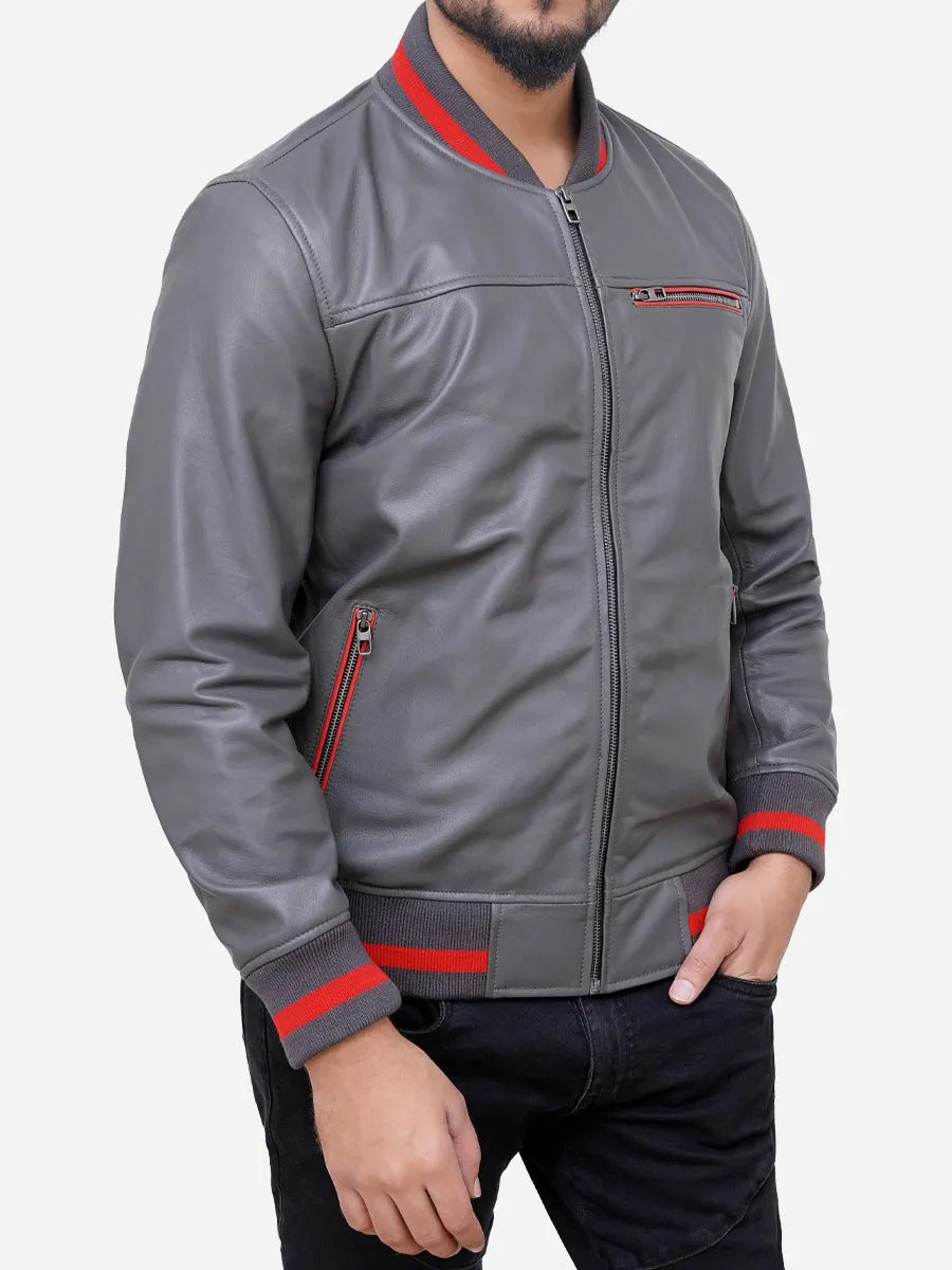 Adam Classic Slim Fit Grey Leather Bomber Jacket