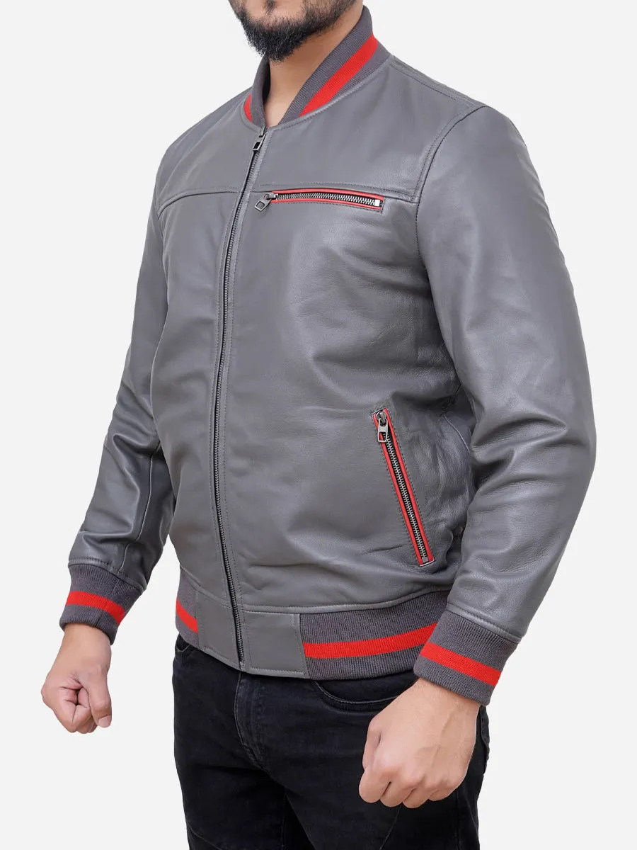 Adam Classic Slim Fit Grey Leather Bomber Jacket