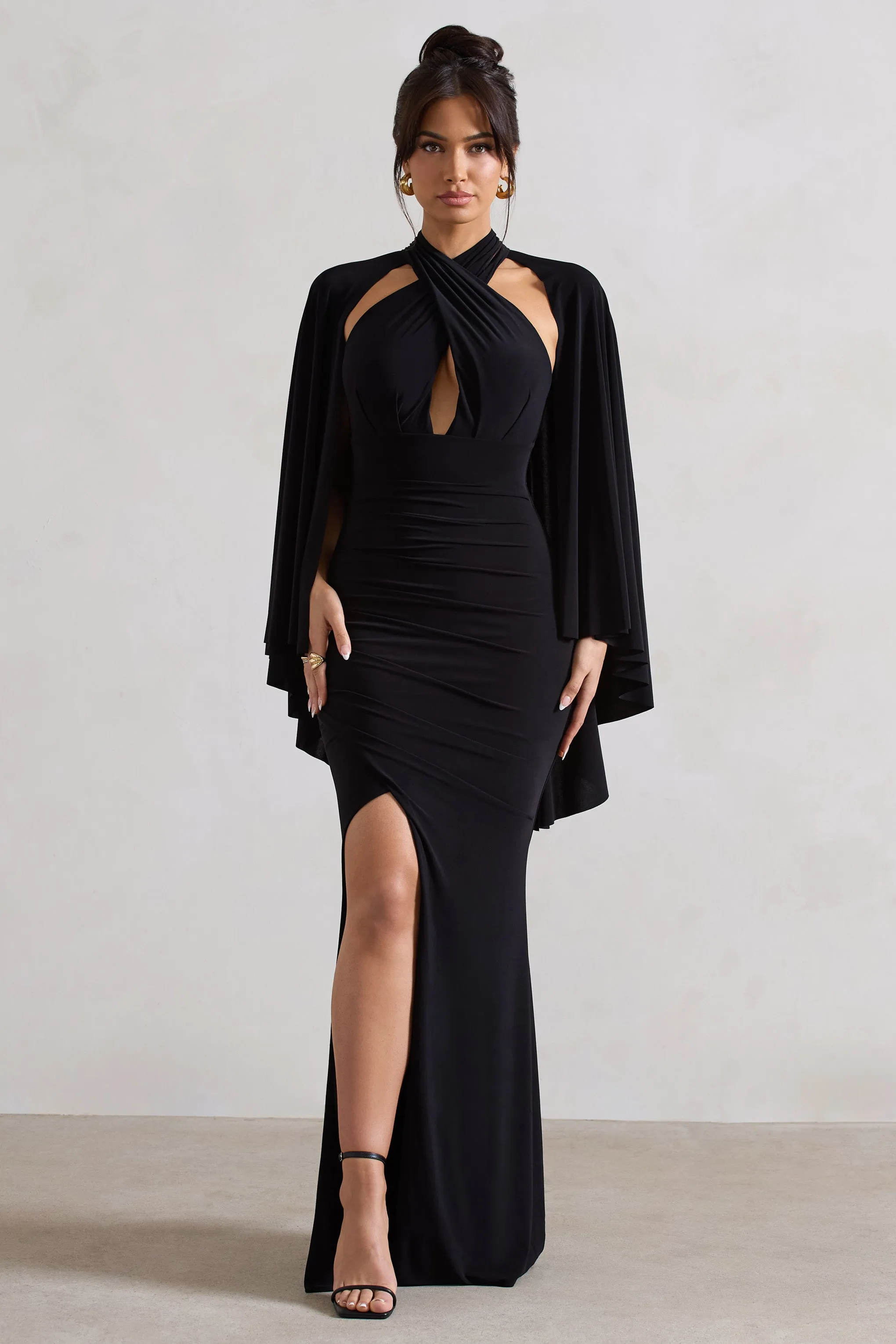 Audrina | Black Ruched Halter-Neck Split Maxi Dress With Cape