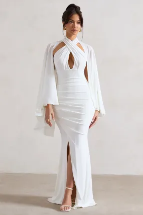 Audrina | White Ruched Halter-Neck Split Maxi Dress With Cape