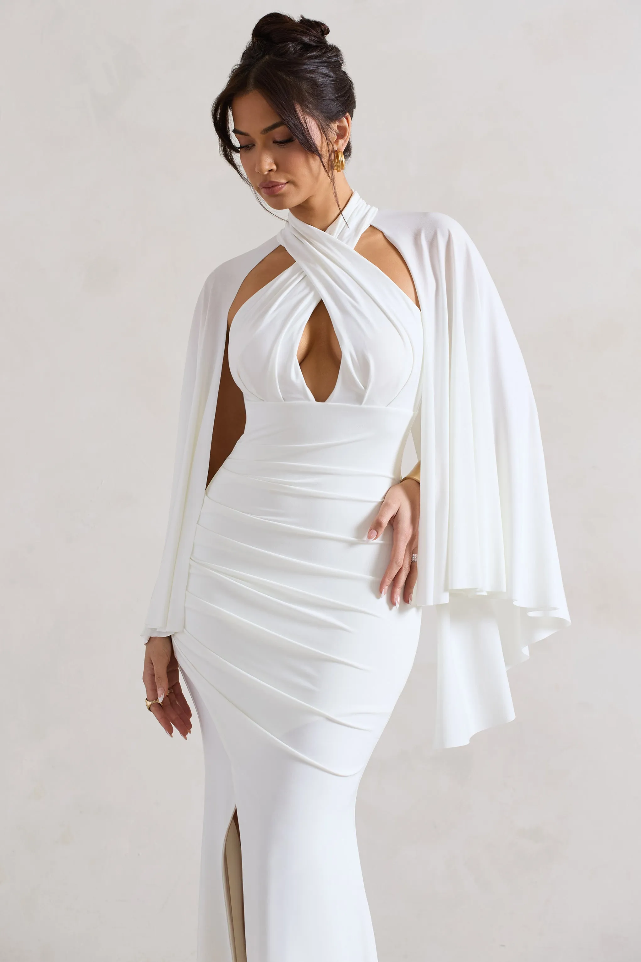 Audrina | White Ruched Halter-Neck Split Maxi Dress With Cape