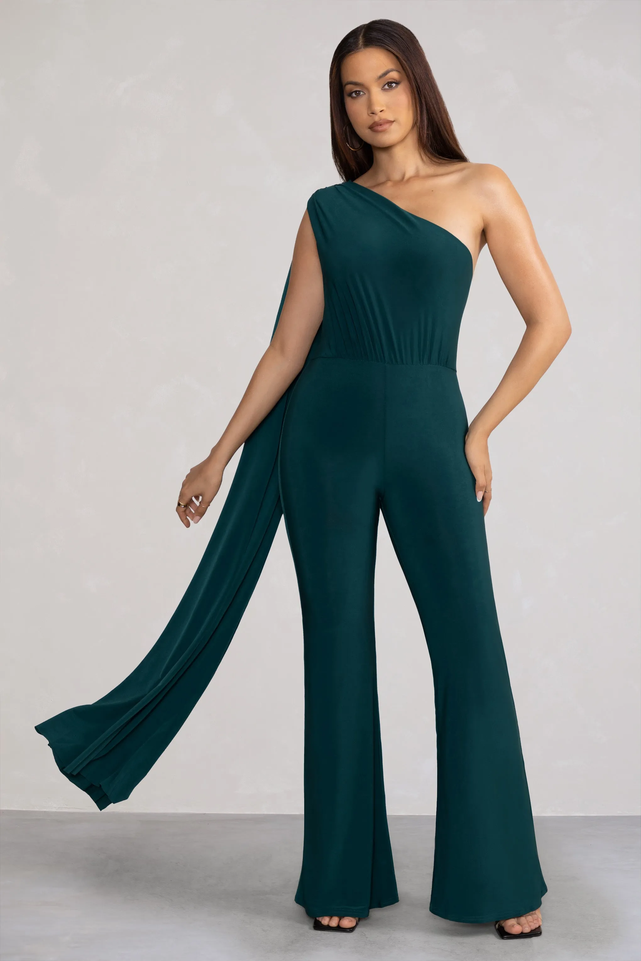 Aurora | Deep Green One Shoulder Cape Sleeve Jumpsuit