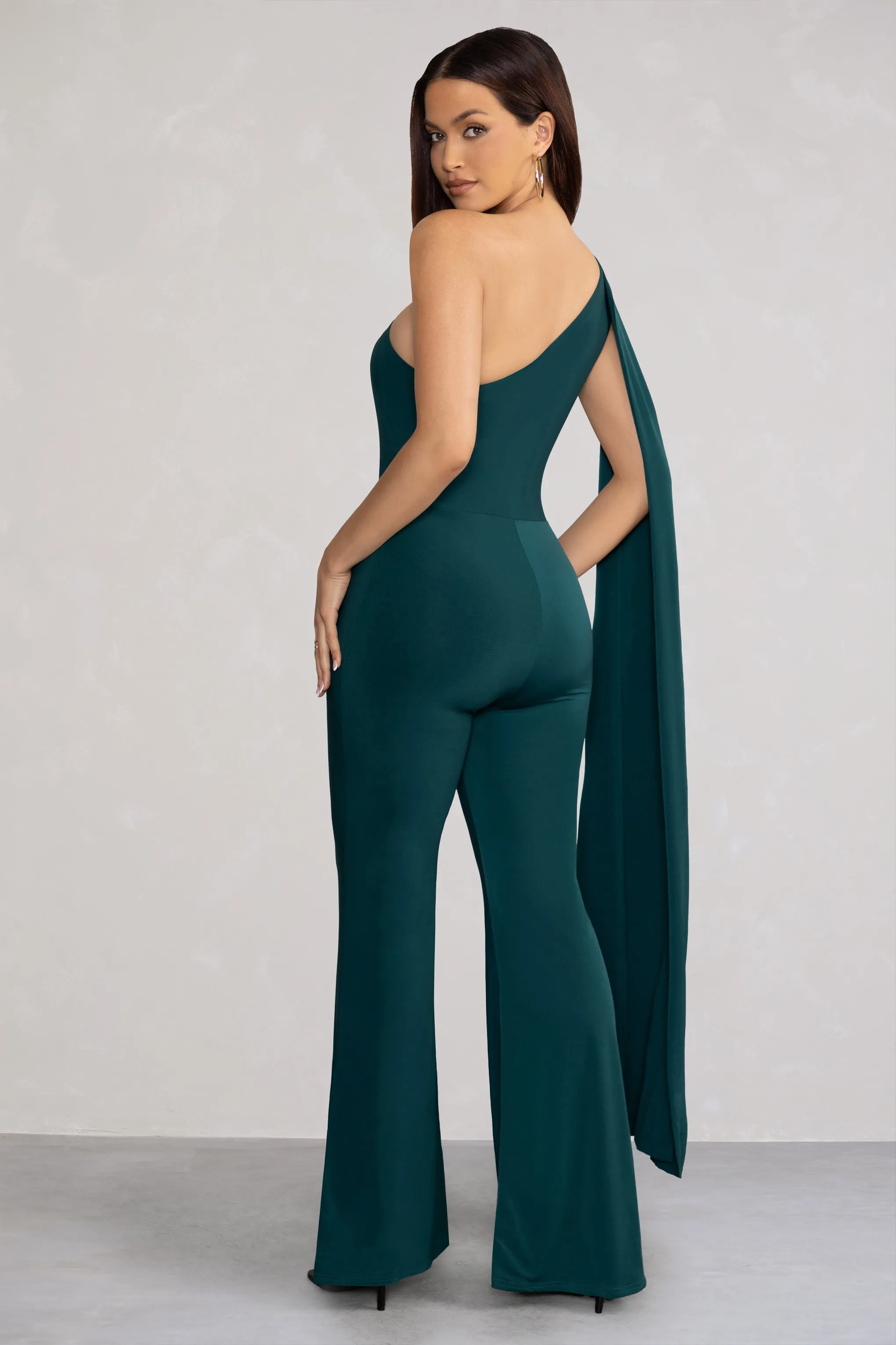 Aurora | Deep Green One Shoulder Cape Sleeve Jumpsuit