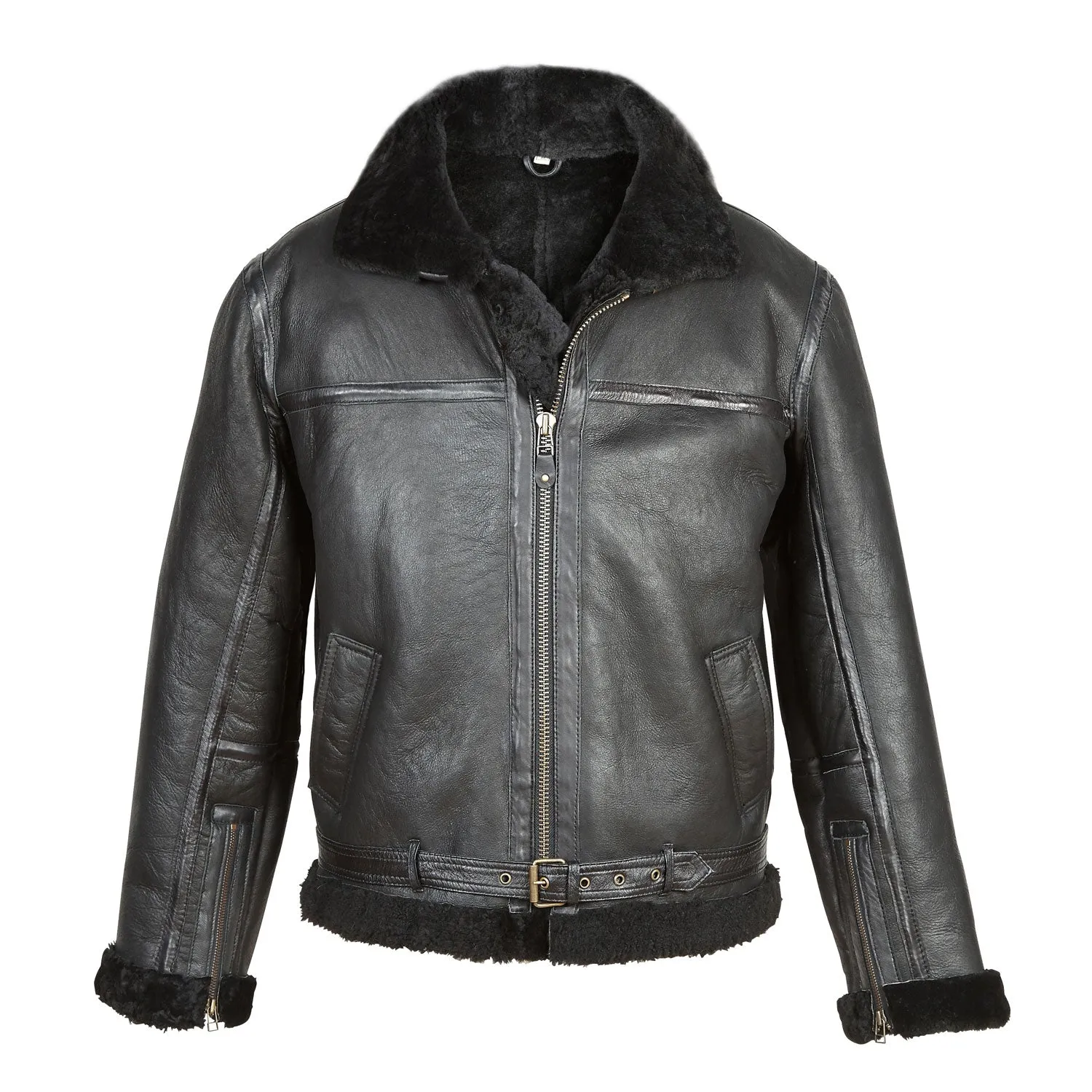 B4: Men's Black Shearling Sheepskin Flying Jacket