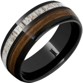 Barrel Aged Black Diamond Ceramic Ring with Bourbon Barrel Wood and Antler Inlays