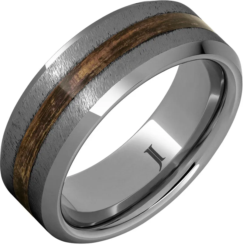 Barrel Aged Rugged Tungsten Ring with Bourbon Wood Inlay and Grain Finish