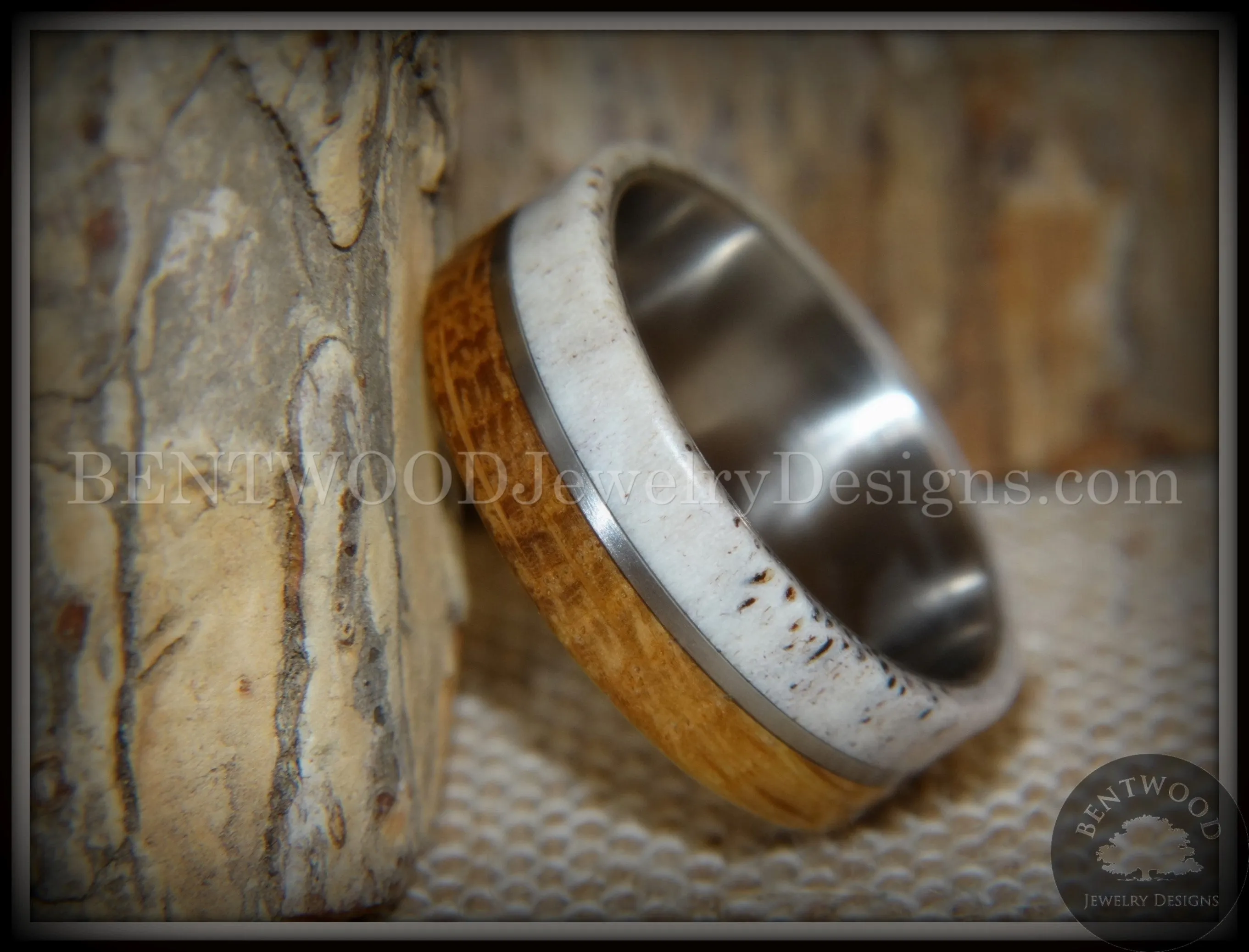 Bentwood Ring - Huntsman Antler, Whiskey Barrel Oak, Titanium Inlay and Core