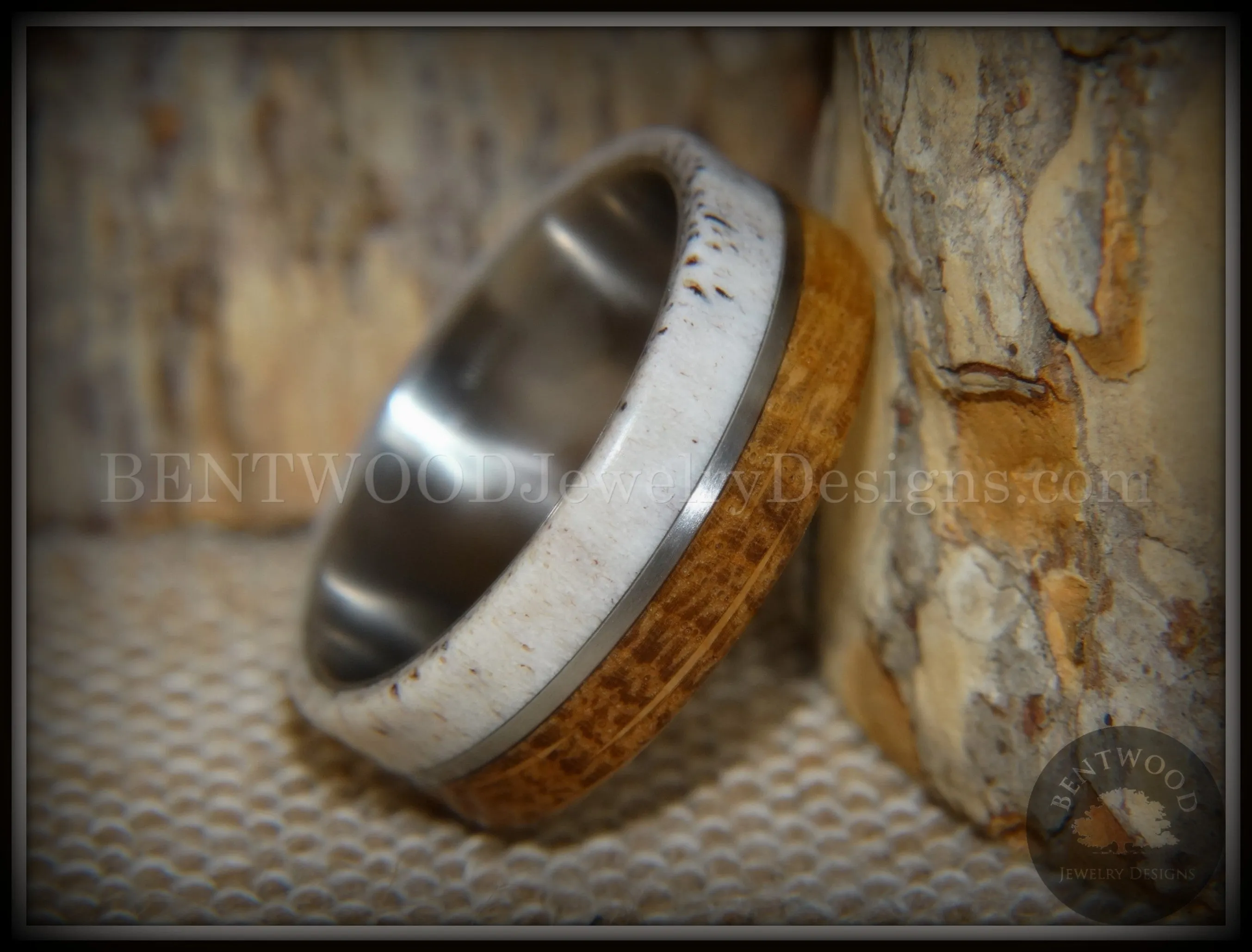 Bentwood Ring - Huntsman Antler, Whiskey Barrel Oak, Titanium Inlay and Core