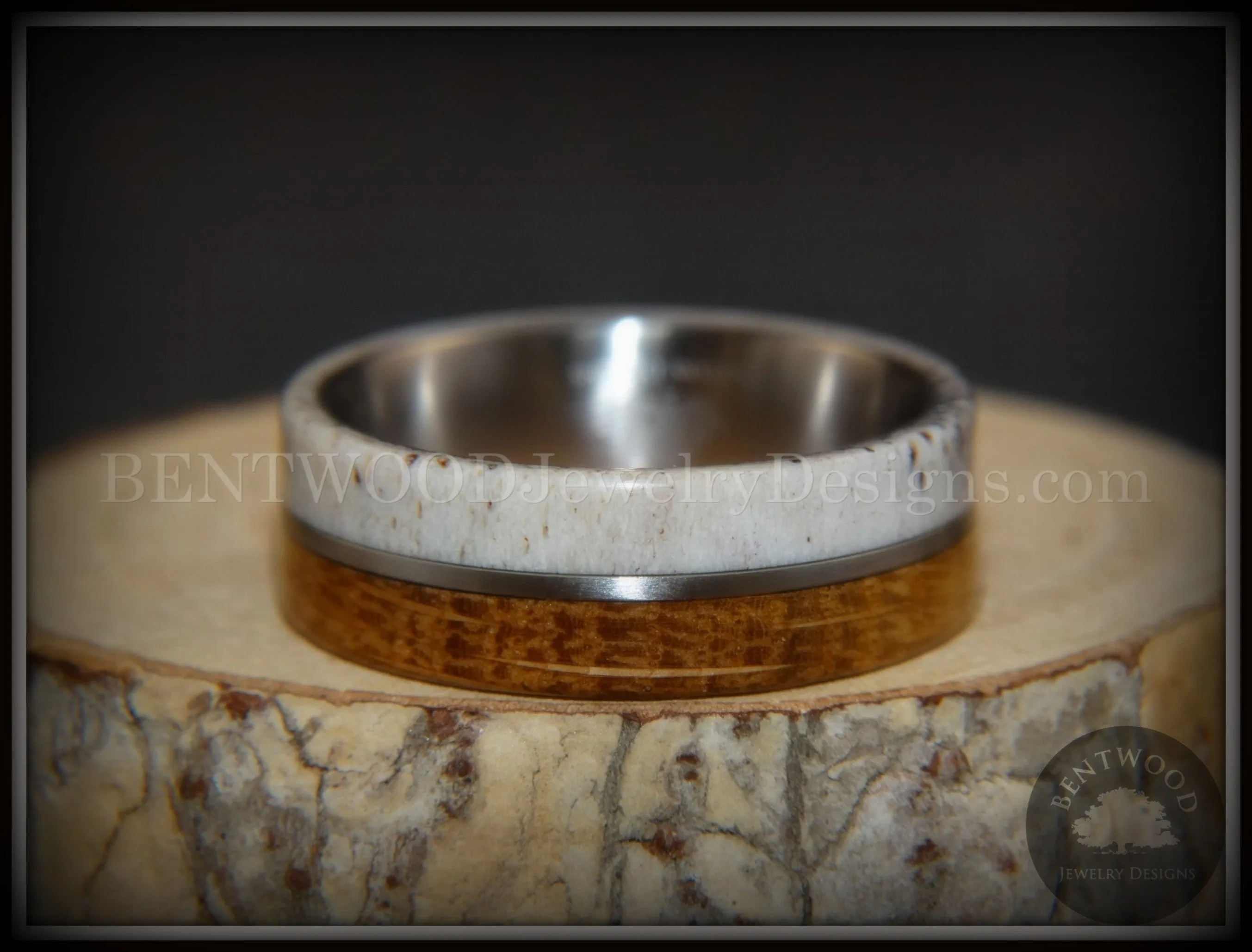 Bentwood Ring - Huntsman Antler, Whiskey Barrel Oak, Titanium Inlay and Core