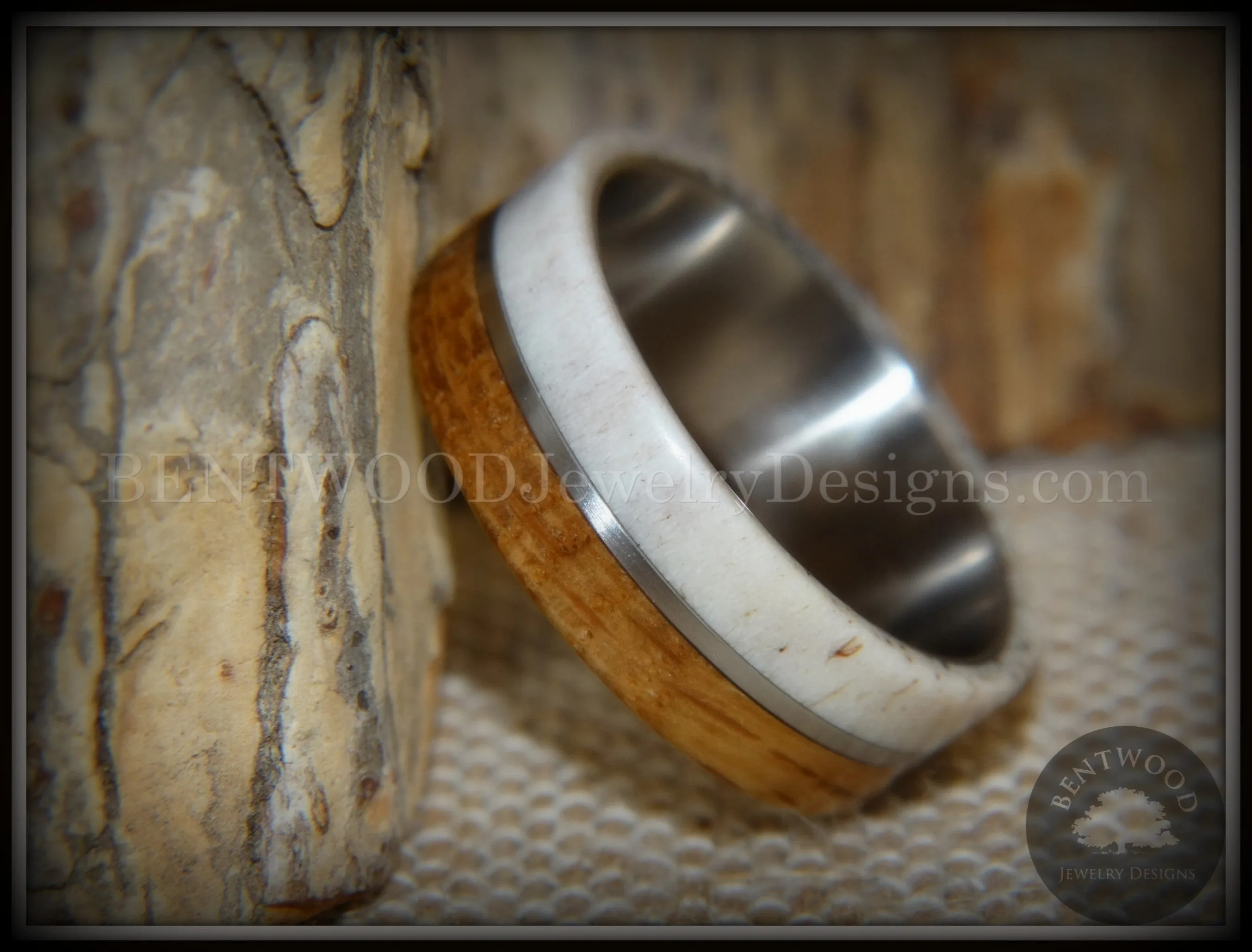 Bentwood Ring - Huntsman Antler, Whiskey Barrel Oak, Titanium Inlay and Core