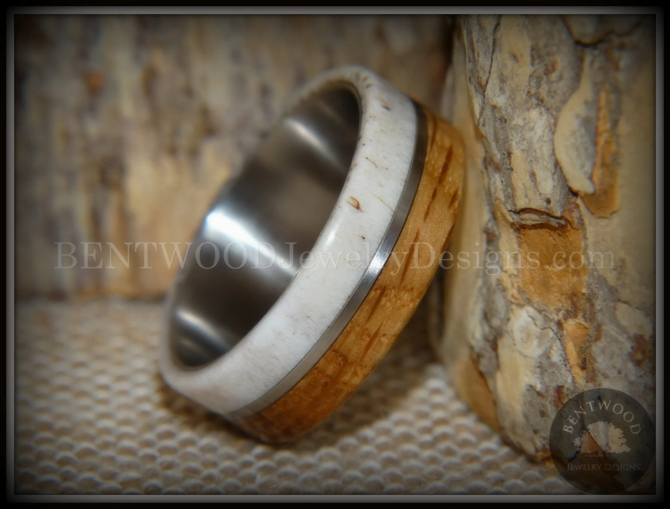 Bentwood Ring - Huntsman Antler, Whiskey Barrel Oak, Titanium Inlay and Core