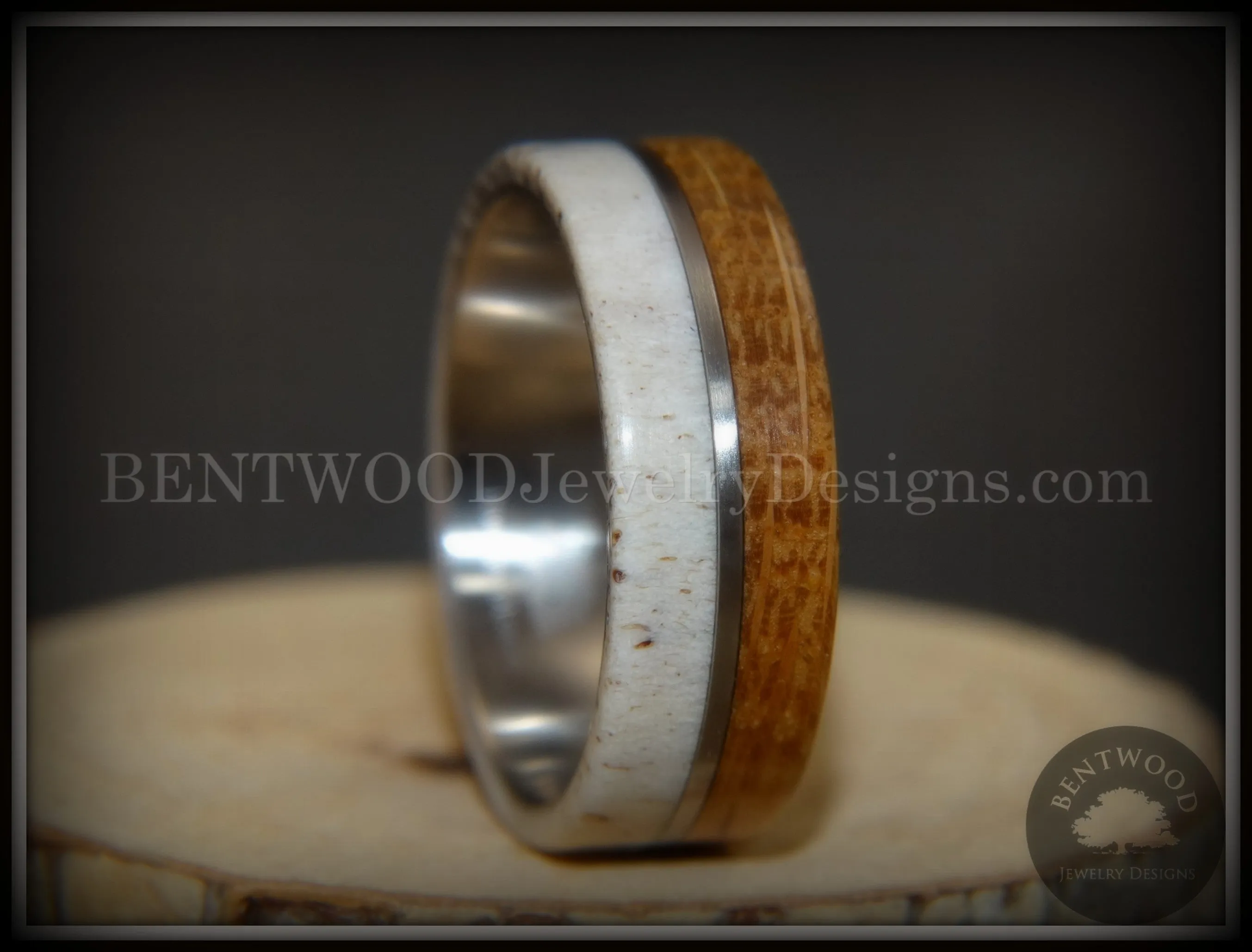 Bentwood Ring - Huntsman Antler, Whiskey Barrel Oak, Titanium Inlay and Core