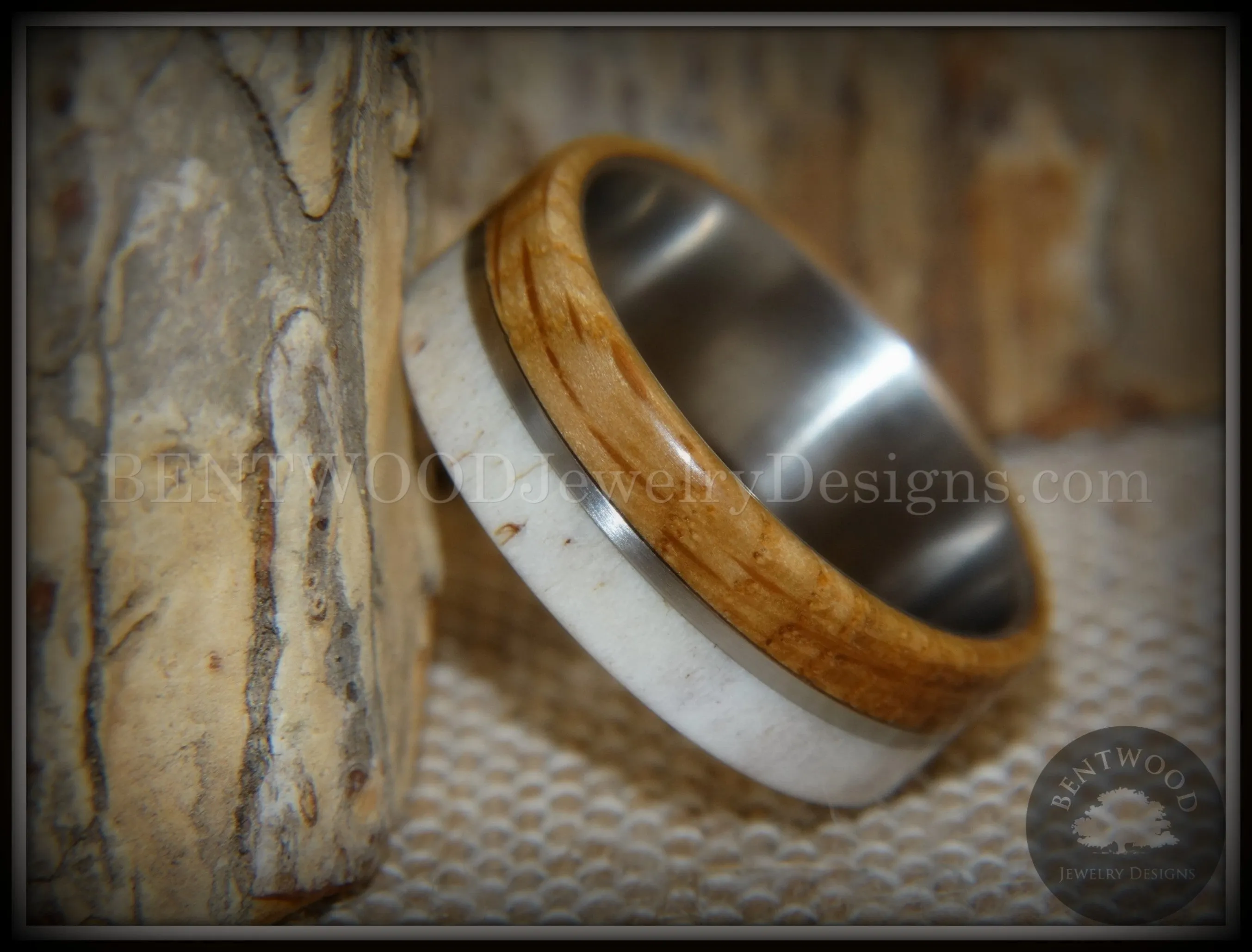 Bentwood Ring - Huntsman Antler, Whiskey Barrel Oak, Titanium Inlay and Core