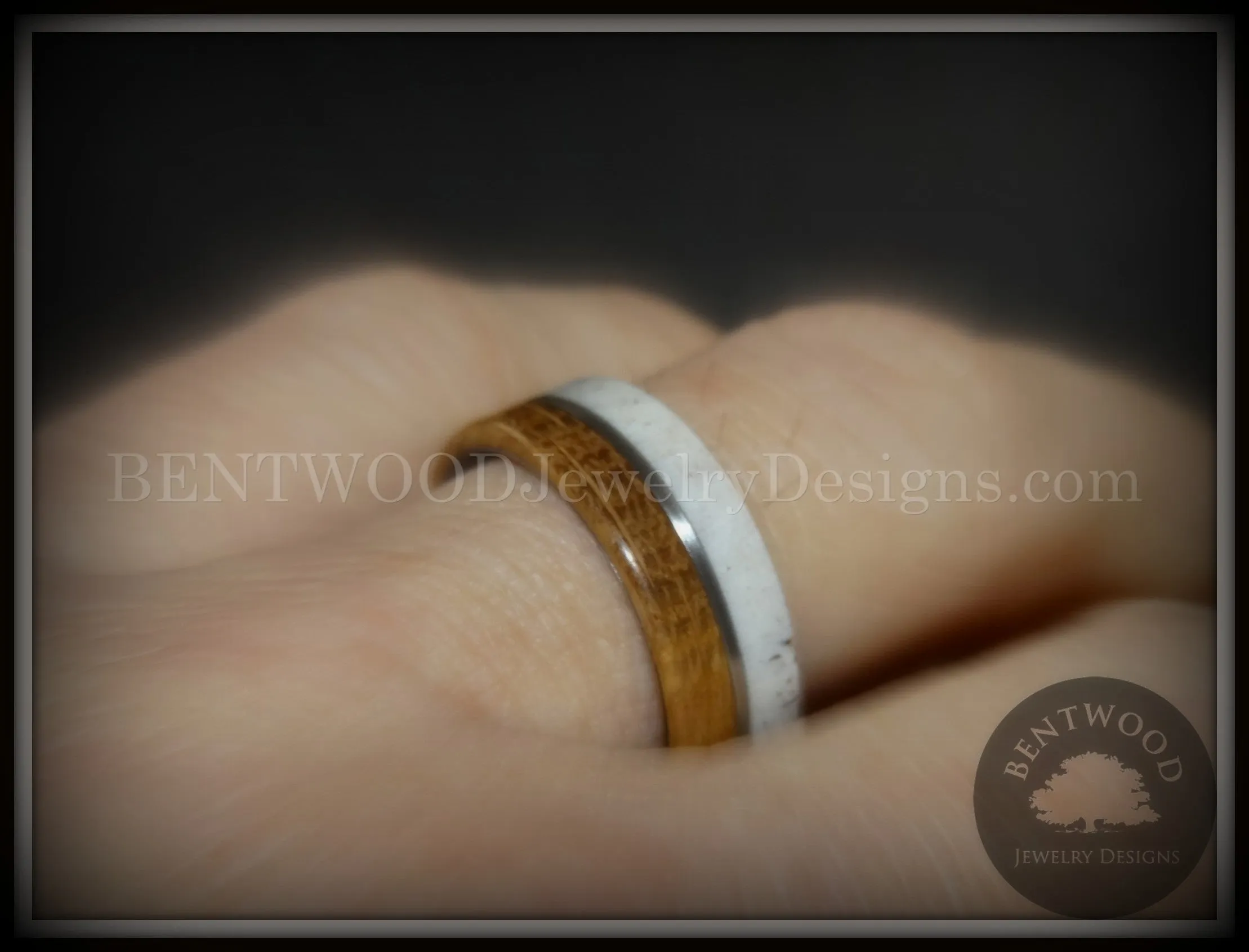 Bentwood Ring - Huntsman Antler, Whiskey Barrel Oak, Titanium Inlay and Core