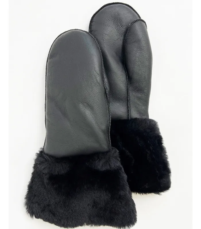 Black Nappa Leather Shearling Gauntlet Mitten at FurHatWorld.com