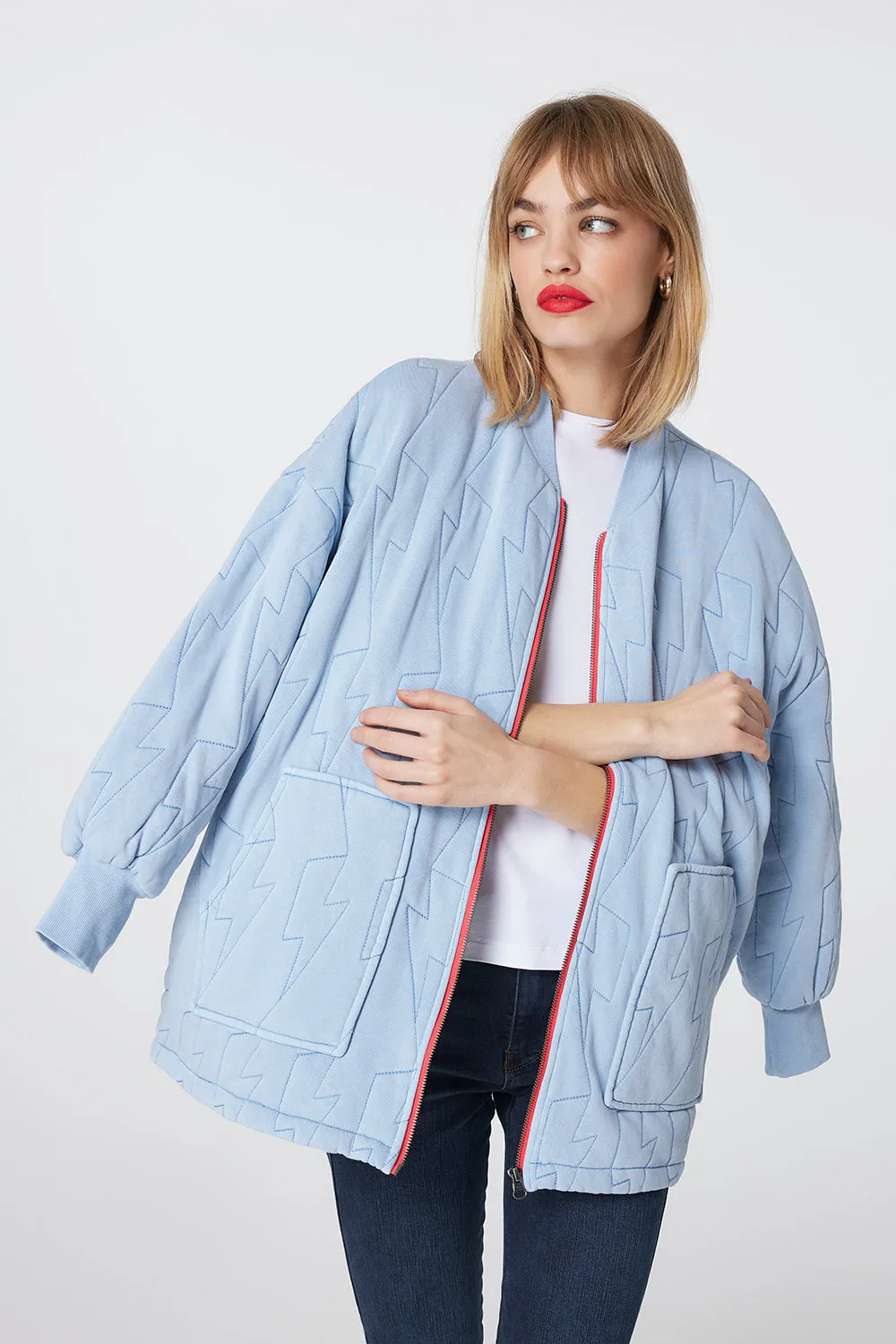 Blue Organic Cotton Quilted Lightning Bolt Oversized Bomber Jacket