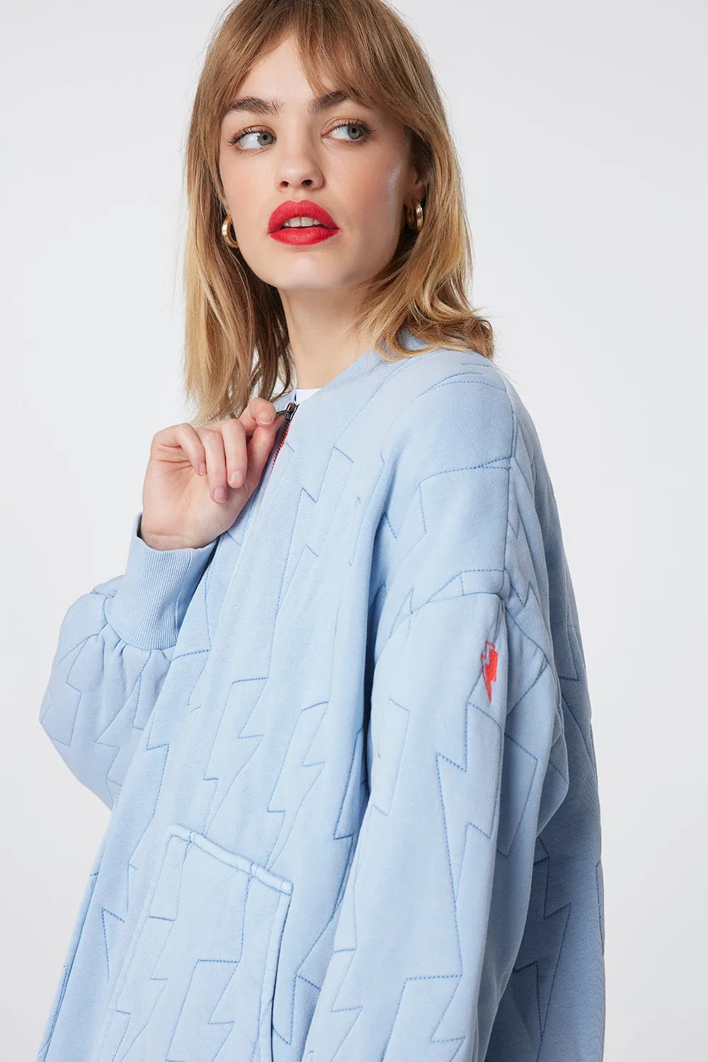 Blue Organic Cotton Quilted Lightning Bolt Oversized Bomber Jacket