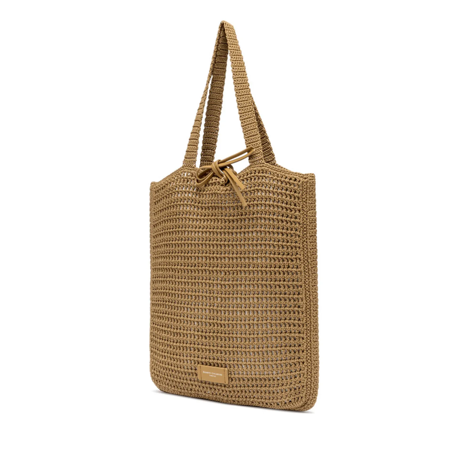 Borsa shopper in tessuto a uncinetto cammello