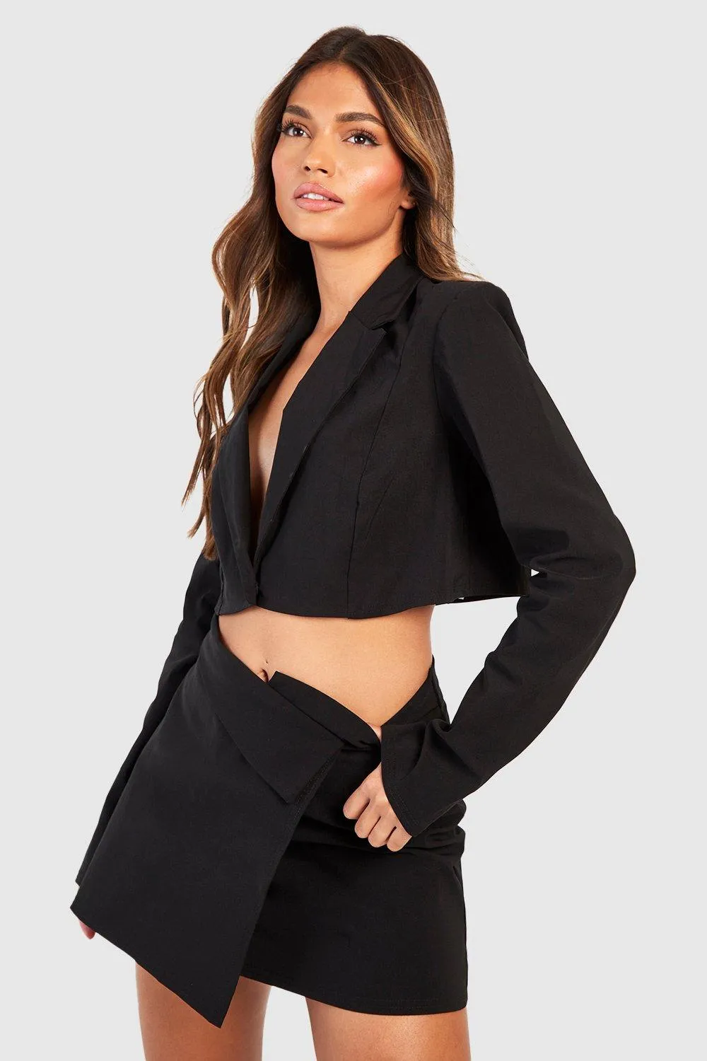 Boxy Cropped Blazer & Waist Detail Mini Skirt