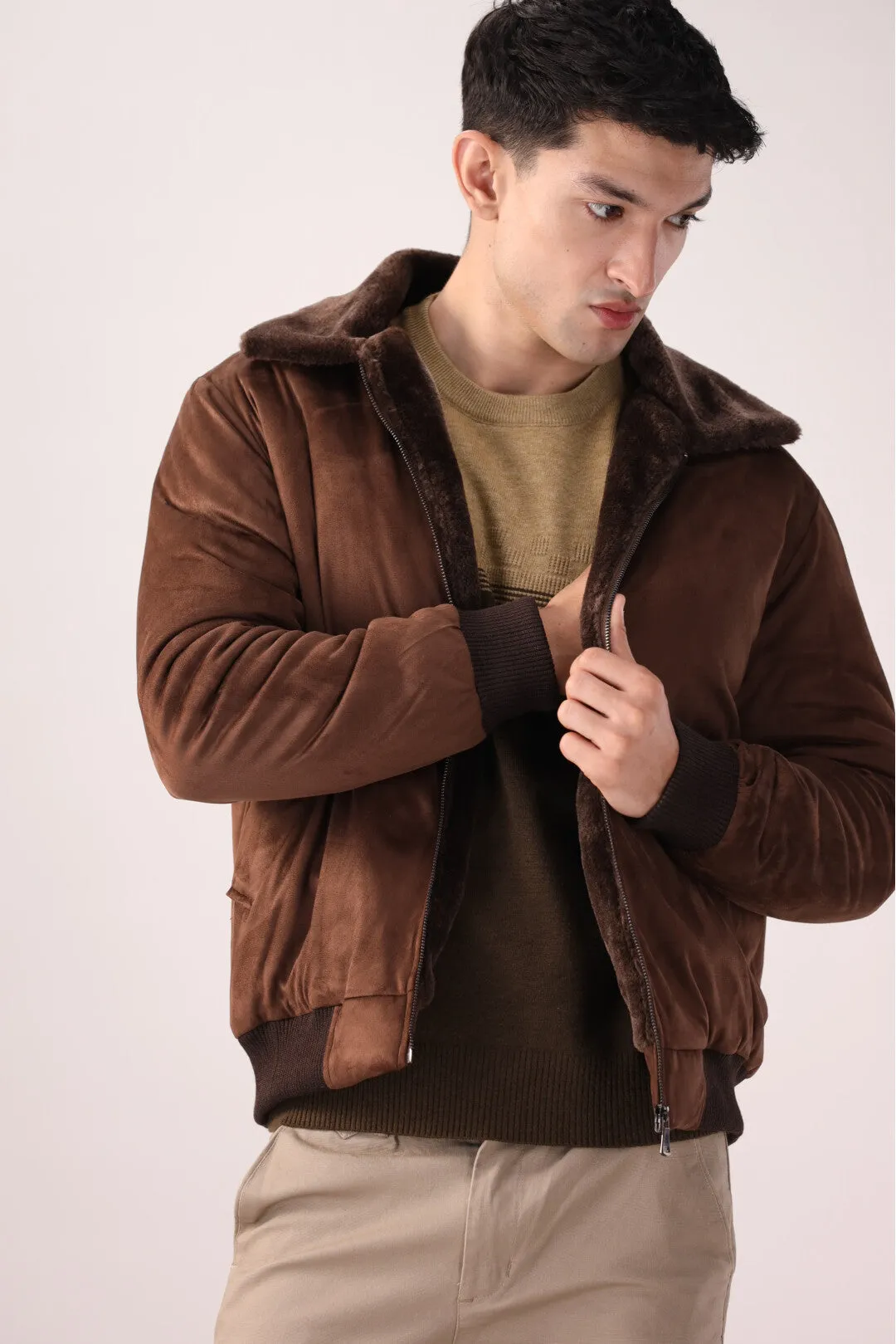 Brown Suede Bomber Jacket