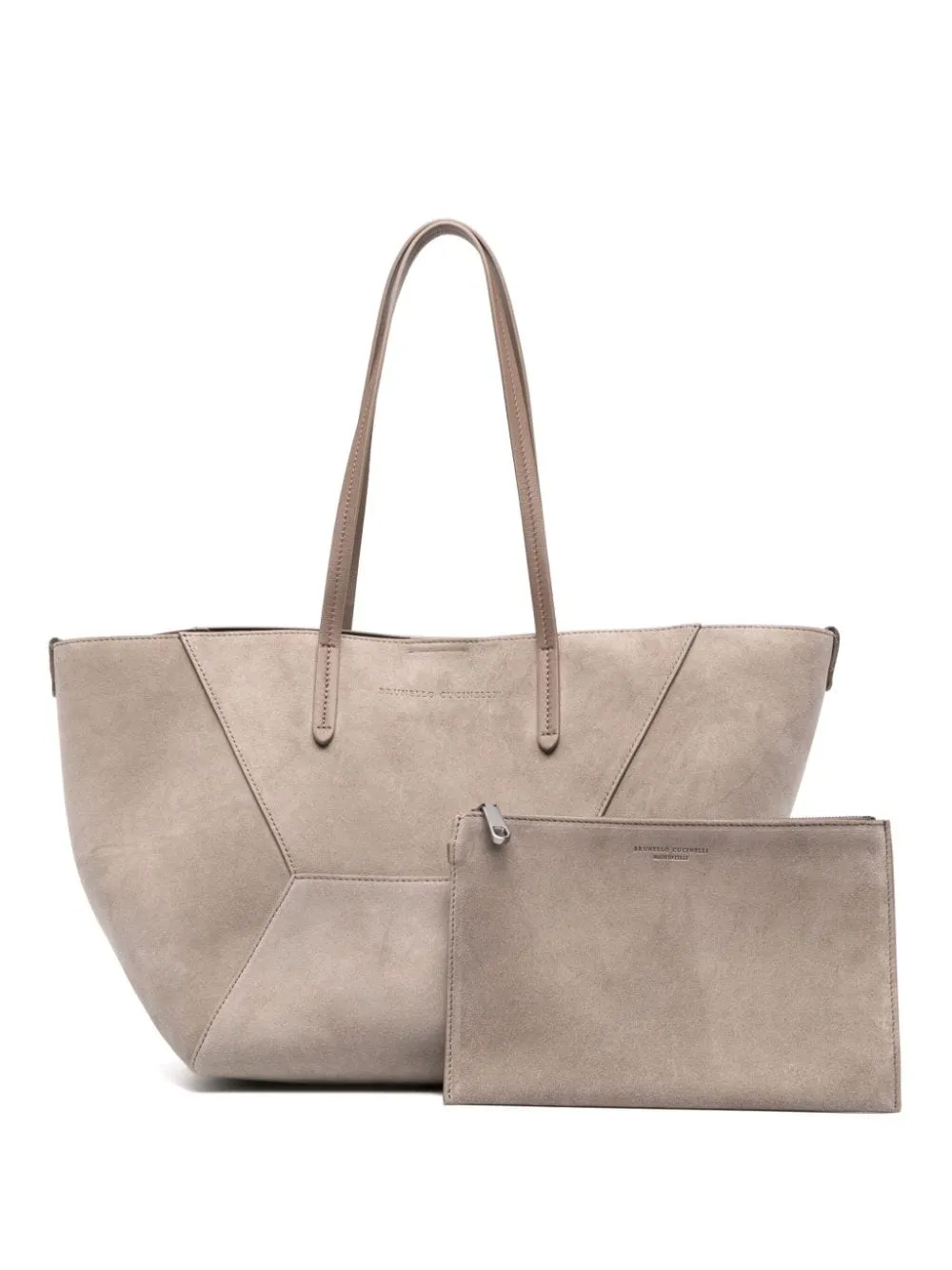 BRUNELLO CUCINELLI Elegant Taupe Grey Leather Shopper with Monili Chain Detail