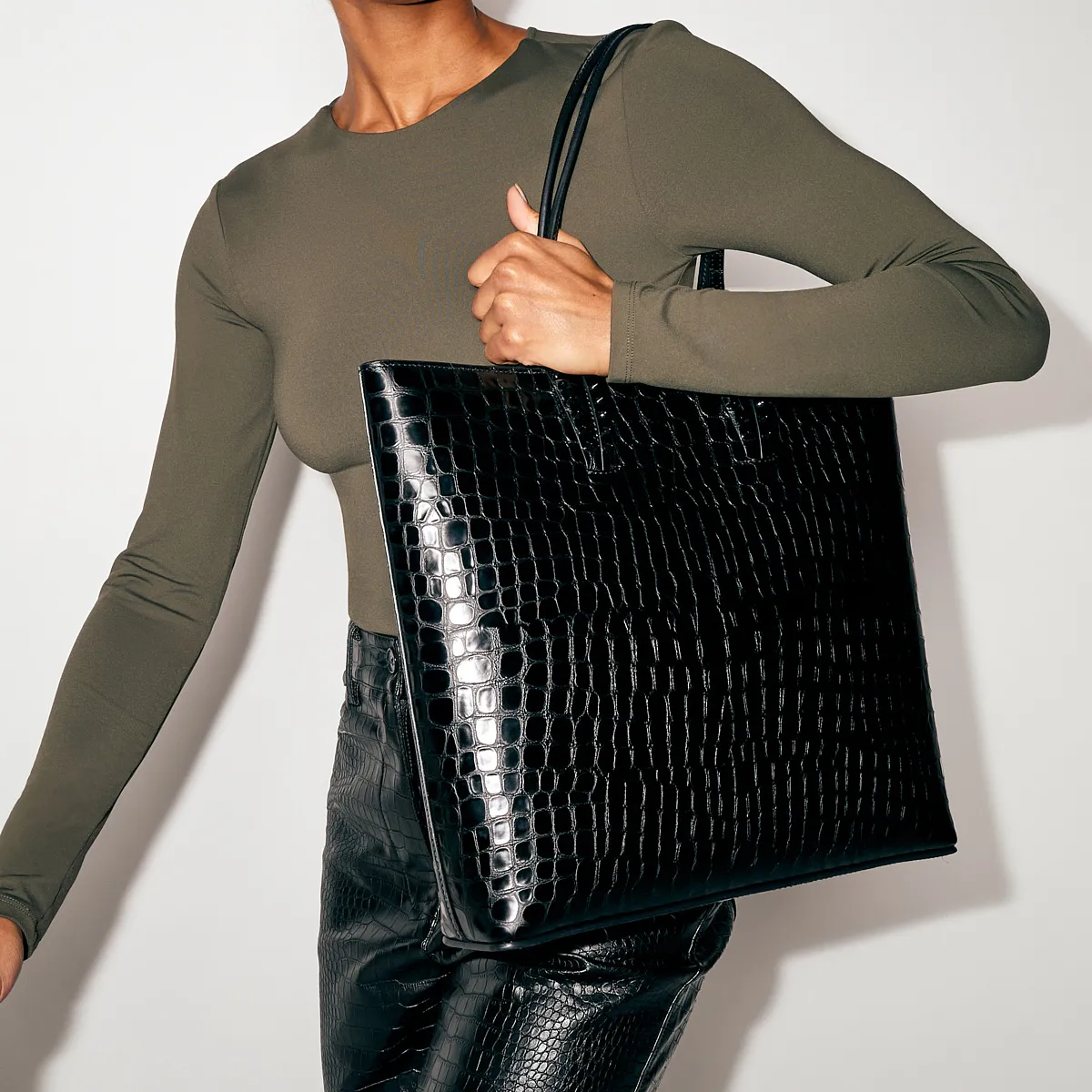 Cabata Tote bag - Alligator embossed calf leather - Black