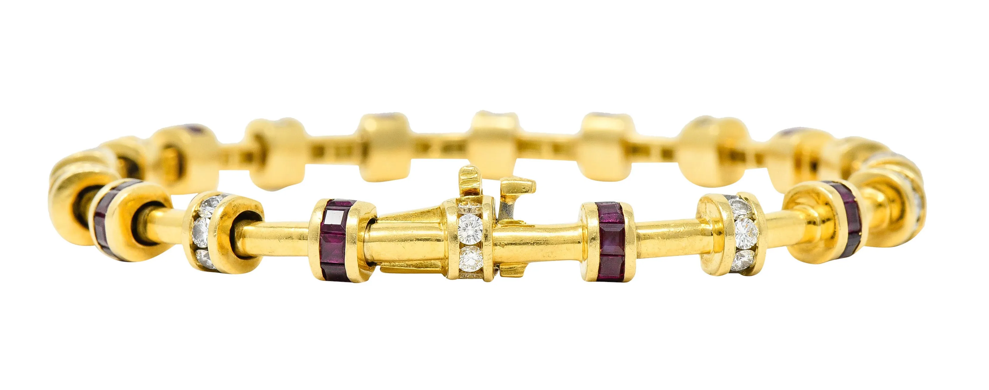 Charles Krypell 6.00 CTW Diamond Ruby 18 Karat Gold Barrel Link Bracelet