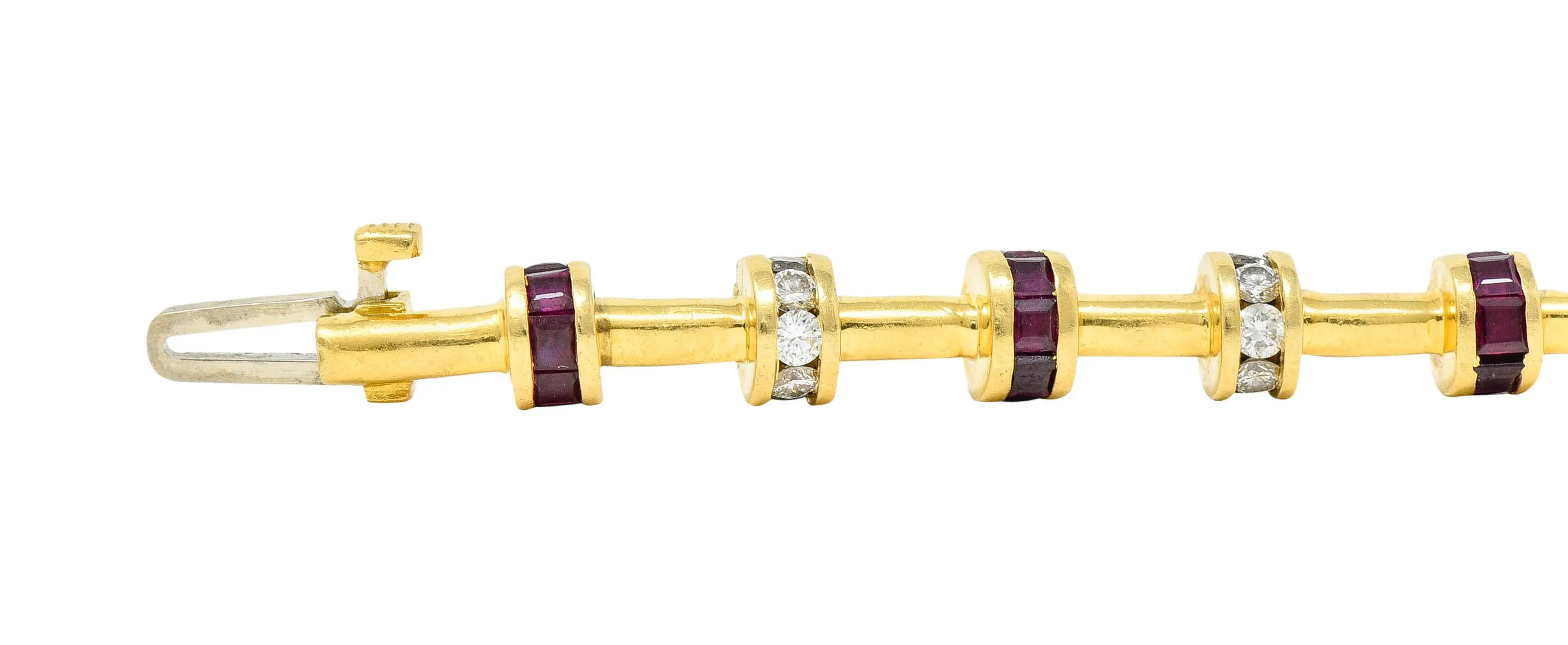 Charles Krypell 6.00 CTW Diamond Ruby 18 Karat Gold Barrel Link Bracelet