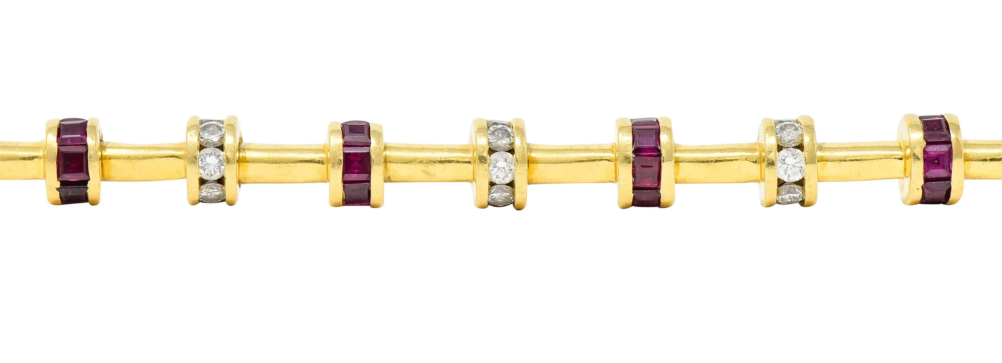 Charles Krypell 6.00 CTW Diamond Ruby 18 Karat Gold Barrel Link Bracelet