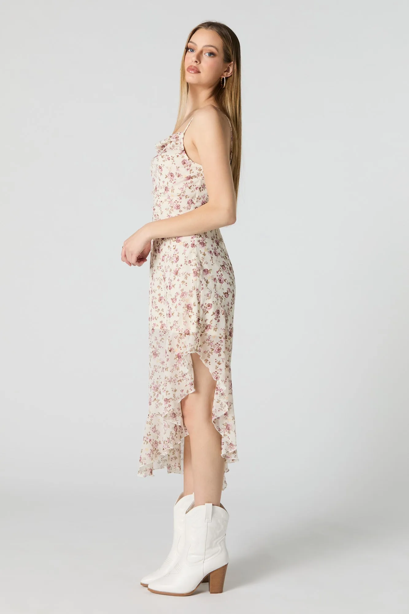 Chiffon Floral Cowl Neck Asymmetrical Midi Dress