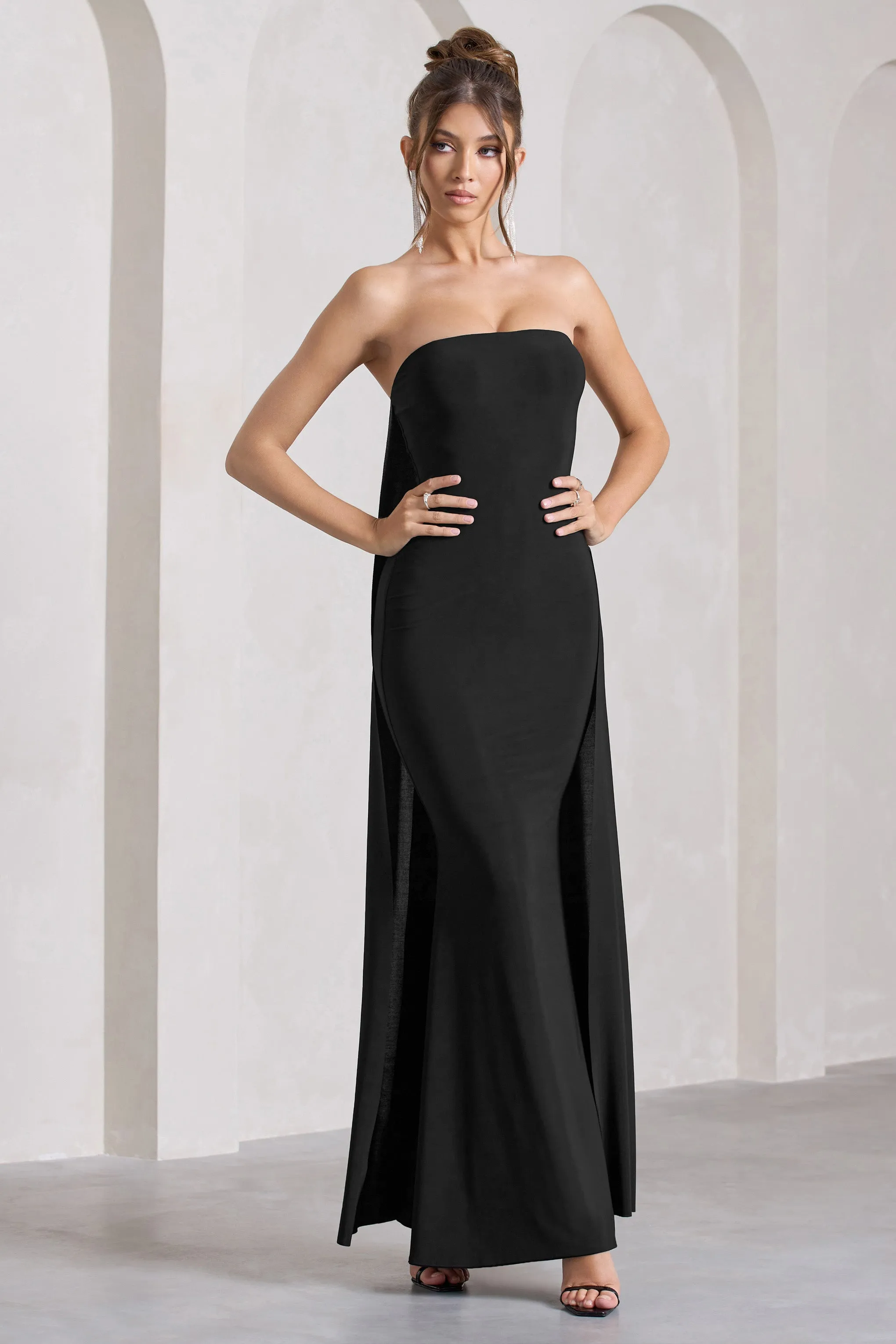 Christina | Black Bandeau Sleeveless Maxi Dress With Cape