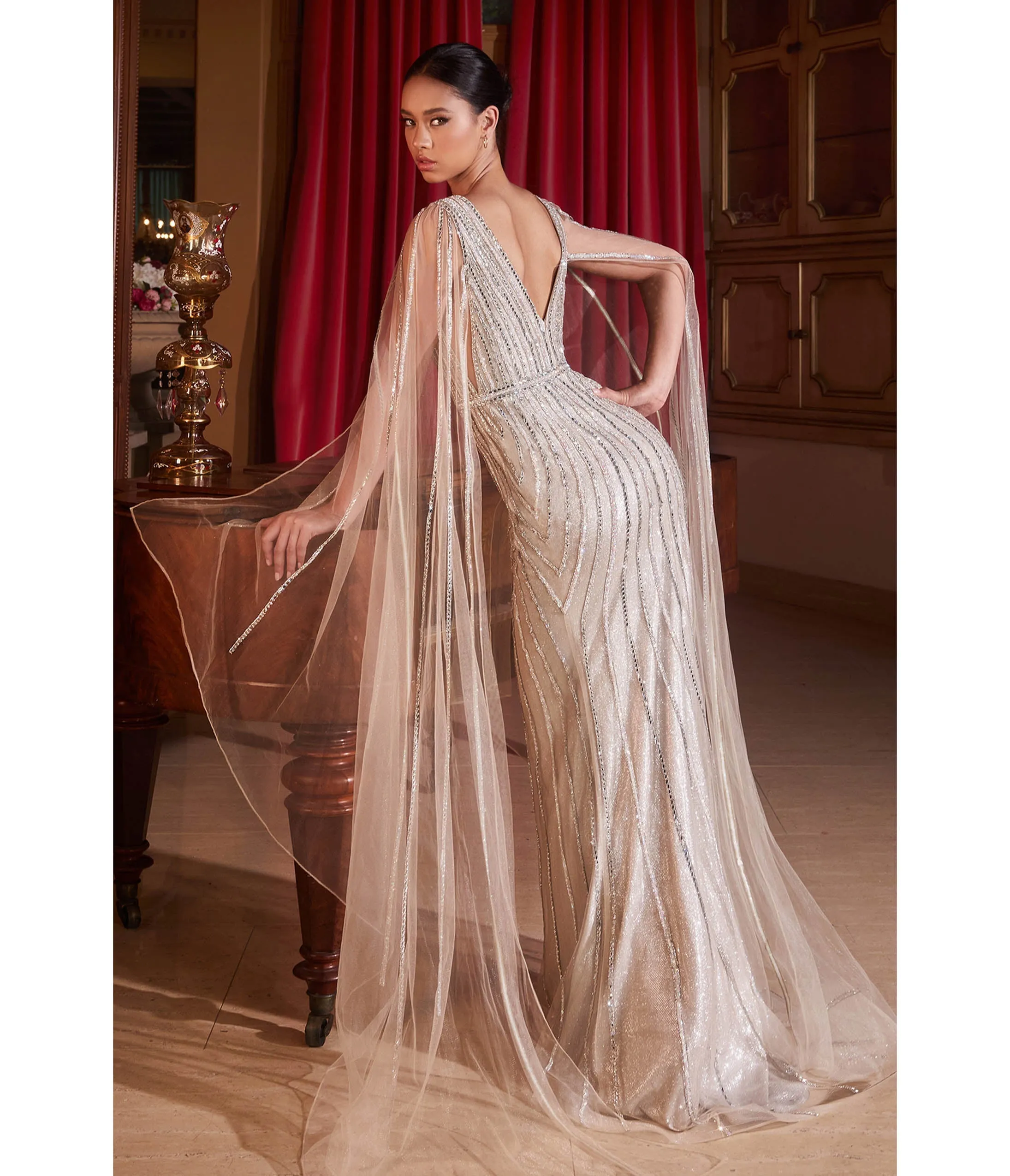 Cinderella Divine Platinum Cape Art Deco Prom Gown