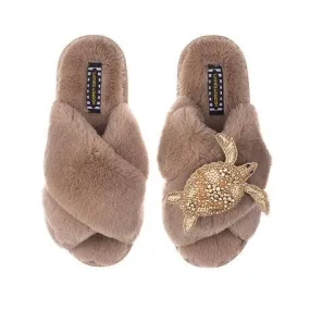 Classic Laines Slippers with Artisan Gold Turtle in Camel