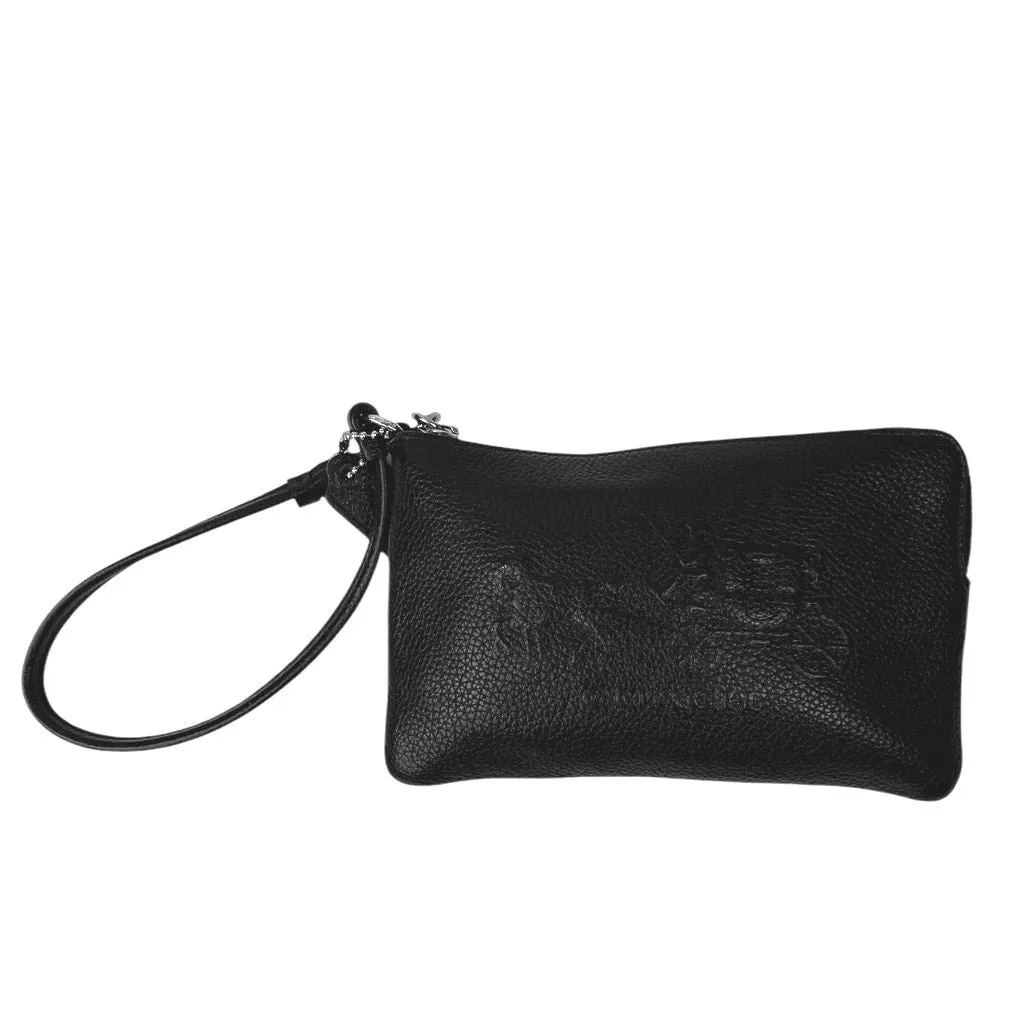 Coach Jes Black Leather Corner Zip Horse And Carriage Wristlet Clutch Wallet