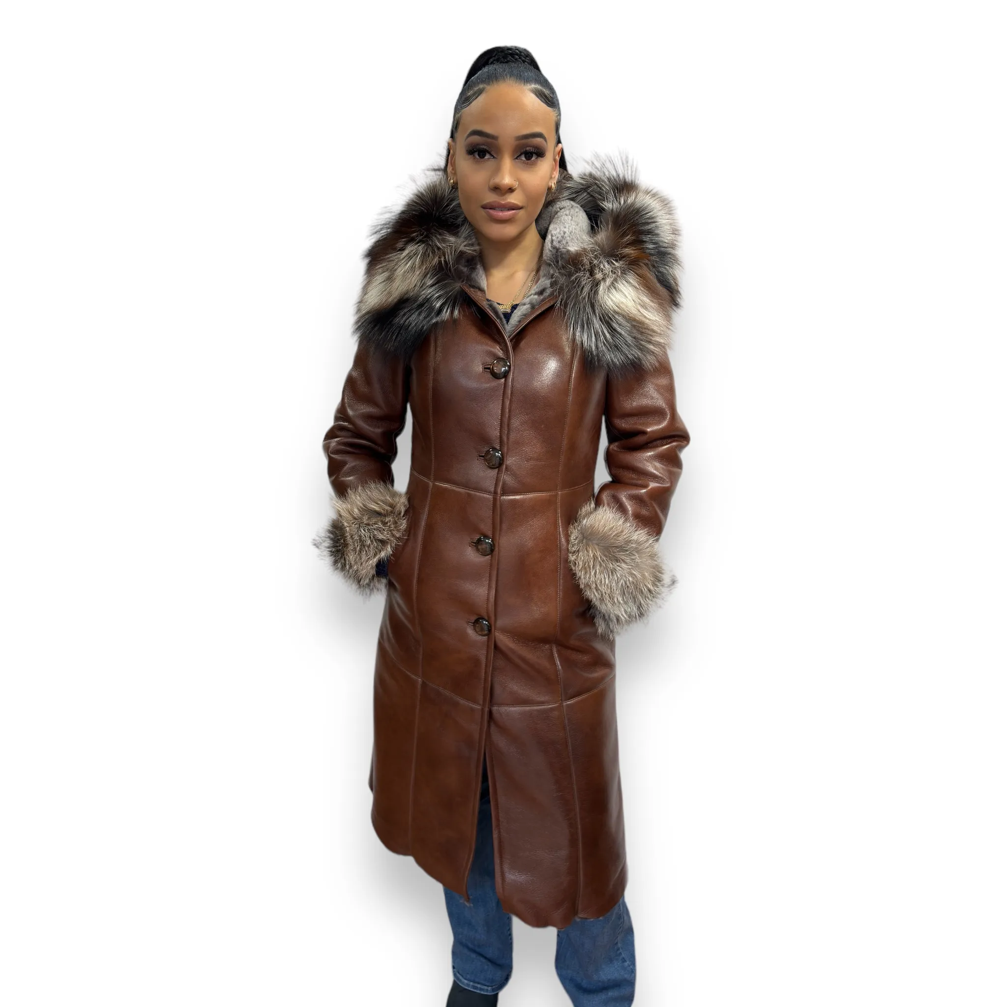 Cognac Shearling with Crystal Fox Hood and Cuffs - Daniel's Leather