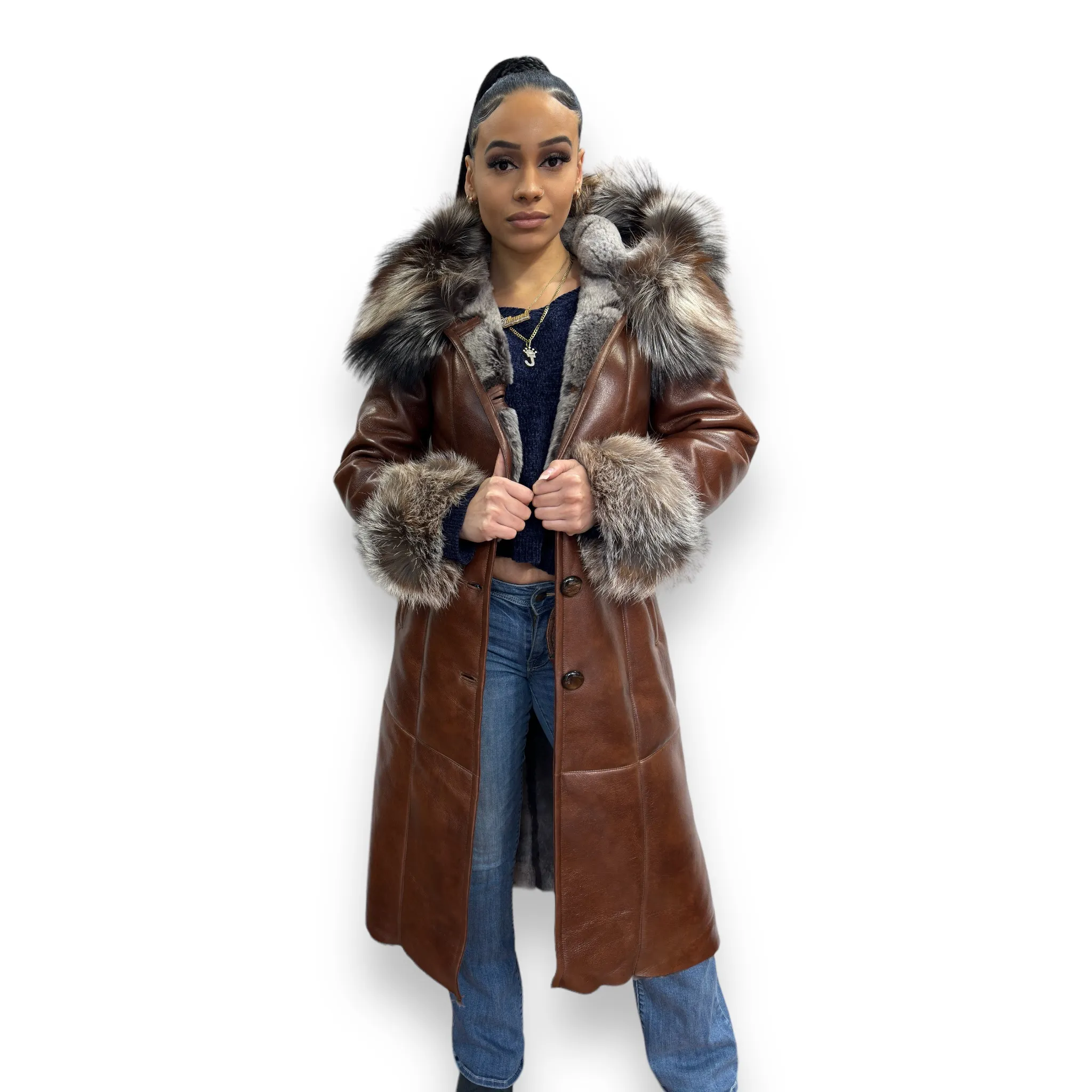 Cognac Shearling with Crystal Fox Hood and Cuffs - Daniel's Leather