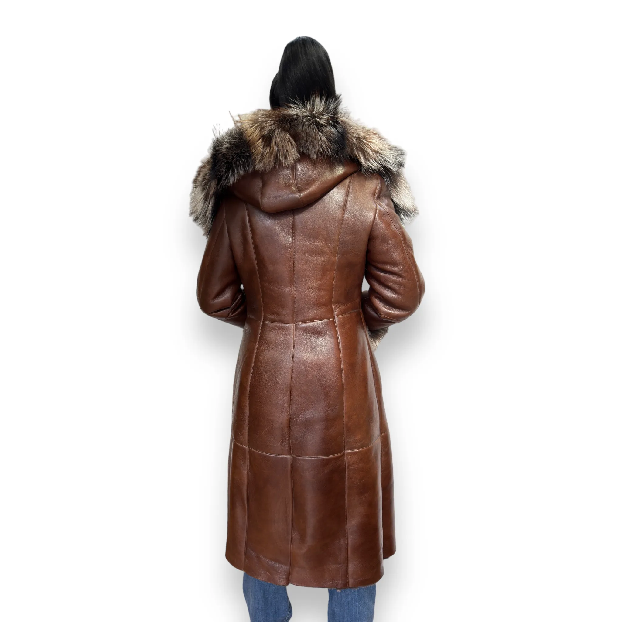 Cognac Shearling with Crystal Fox Hood and Cuffs - Daniel's Leather