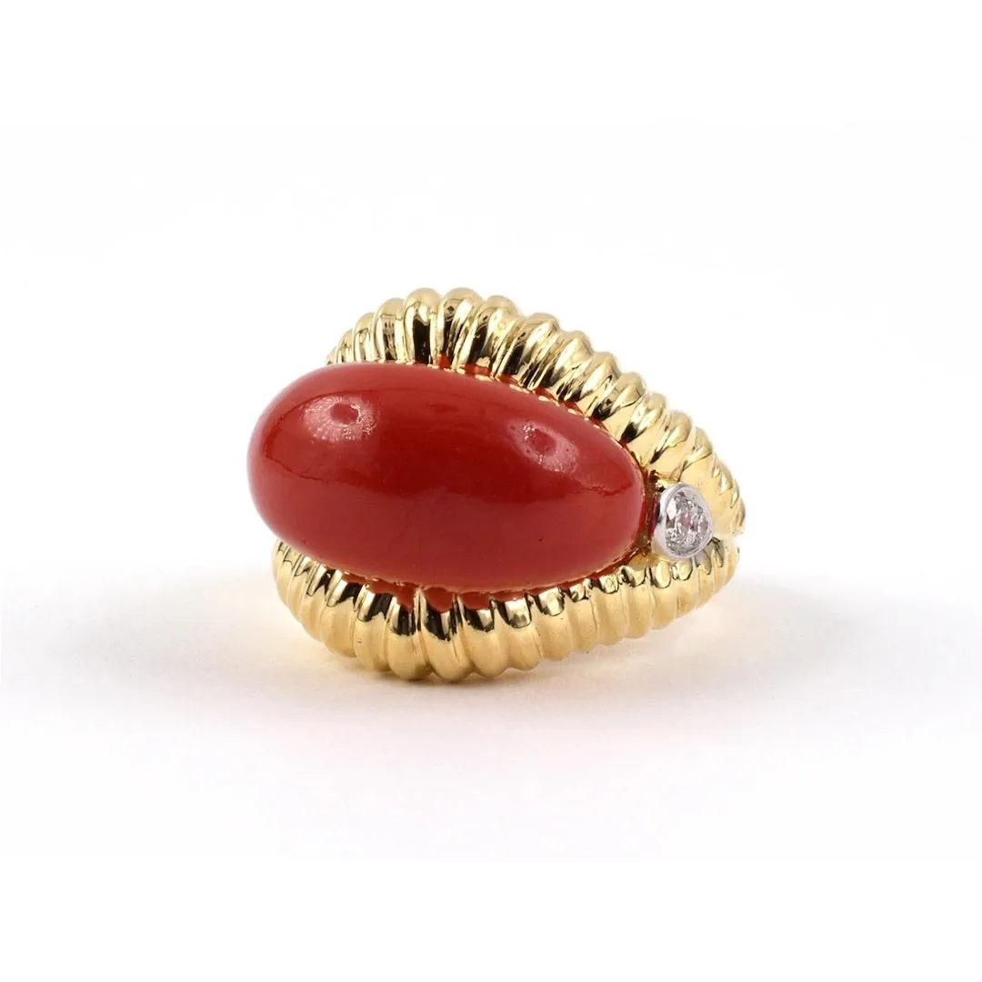 Coral & Diamond Corrugated Saddle Ring