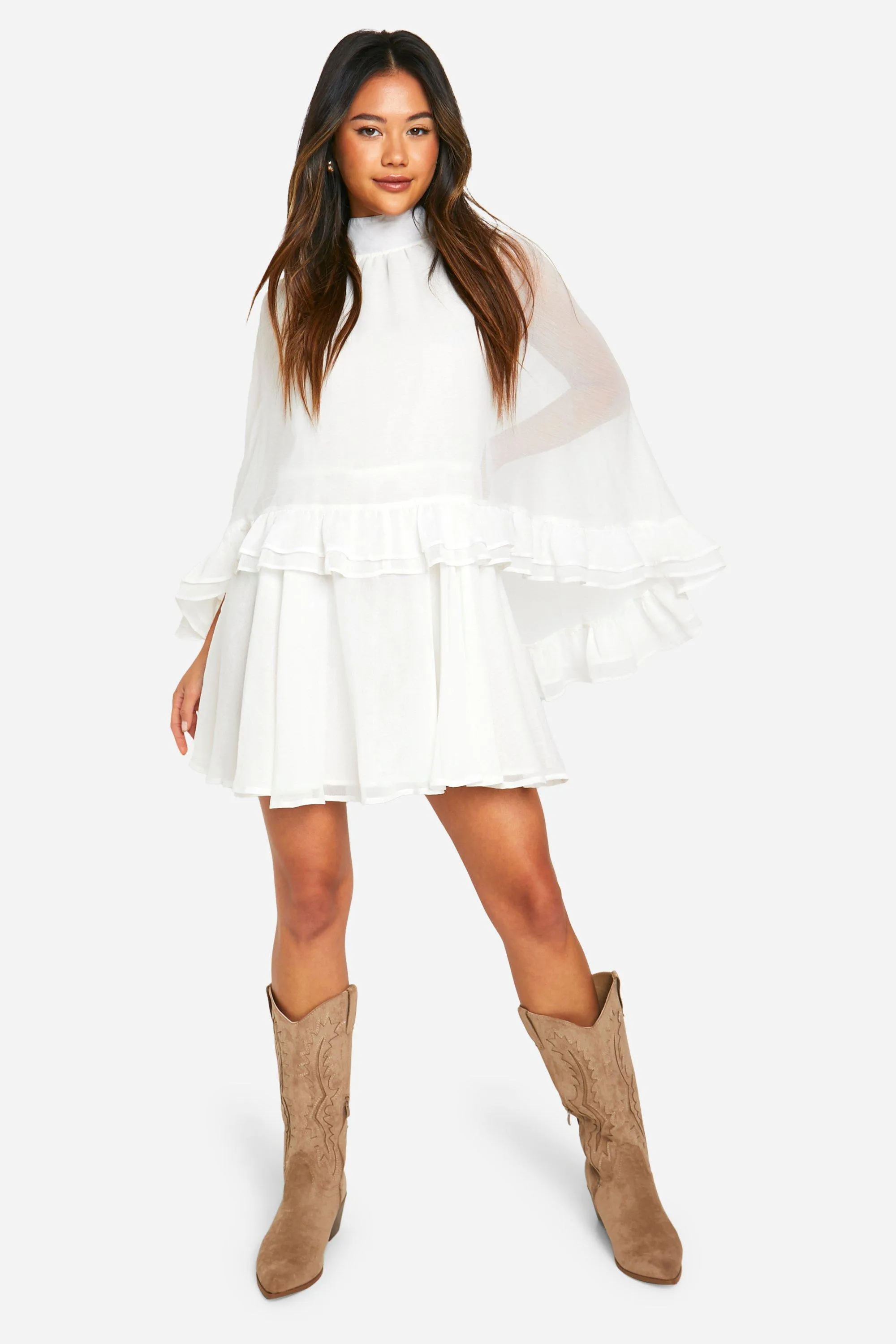 Crinkle Chiffon Cape Frill Mini Dress