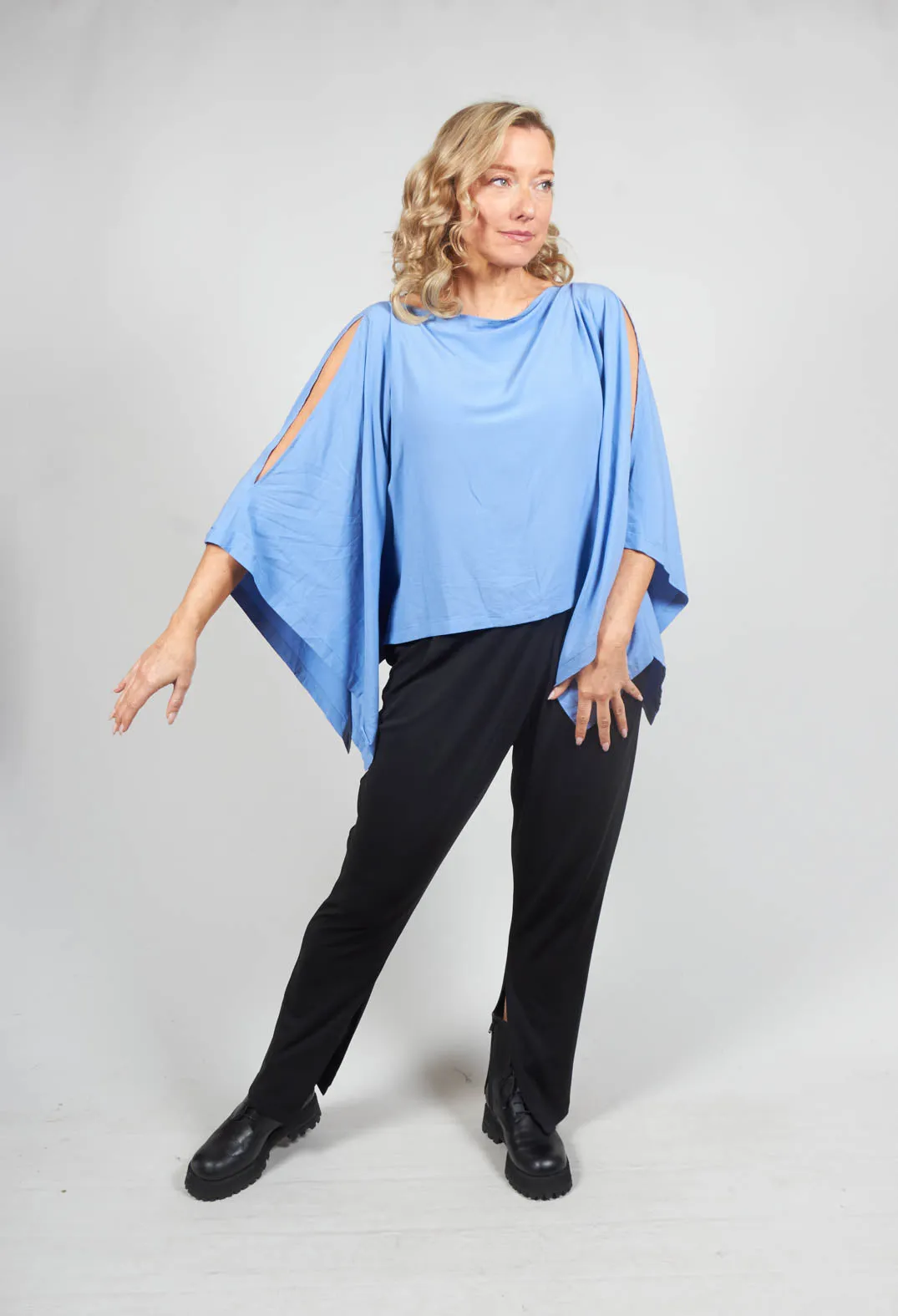 Cropped Cape Style Top with Cut Out Shoulder in Grey Blue