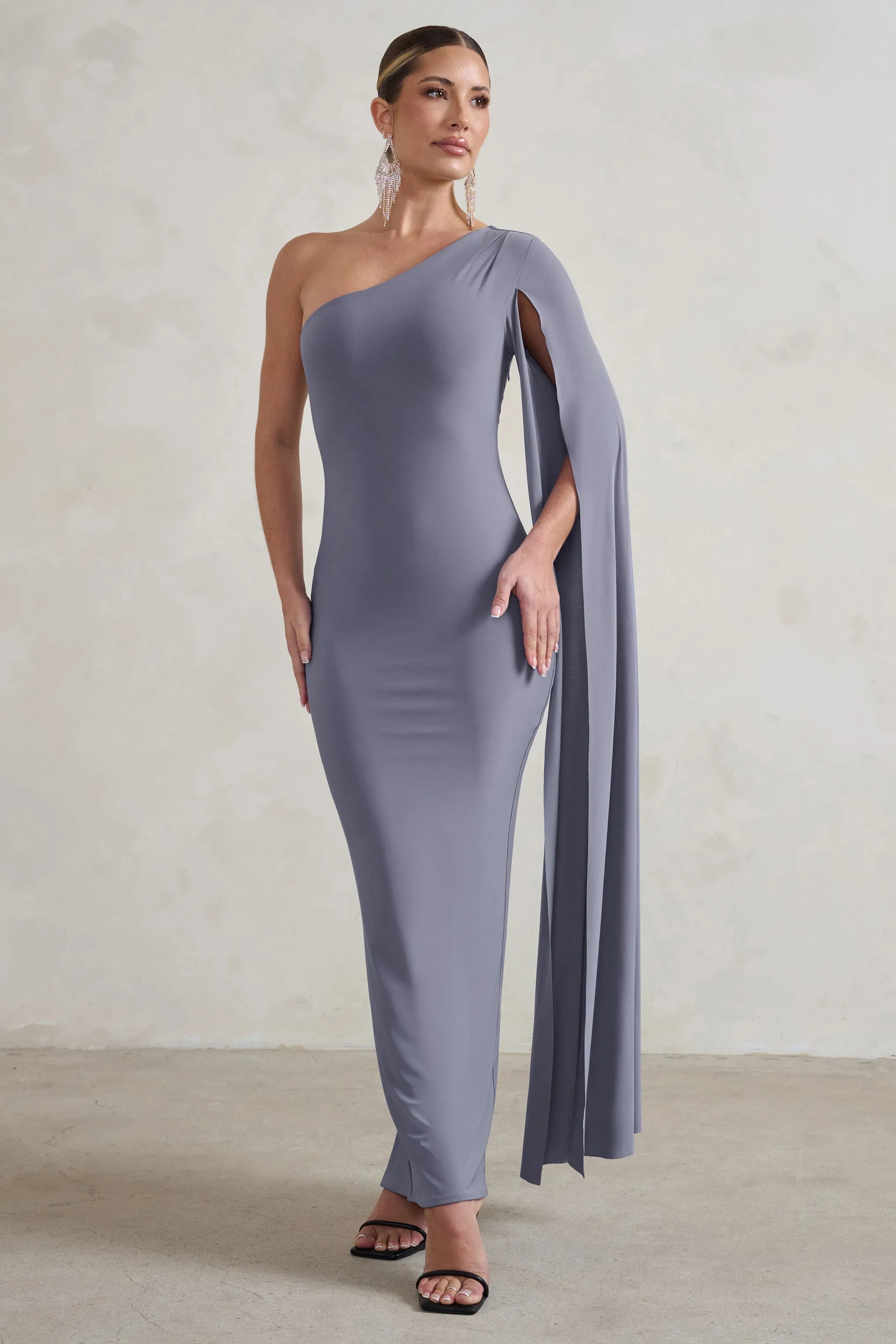 Dominique | Grey One Shoulder Cape Sleeve Bodycon Maxi Dress