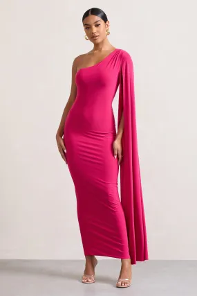 Dominique | Hot Pink One Shoulder Cape Sleeve Bodycon Maxi Dress