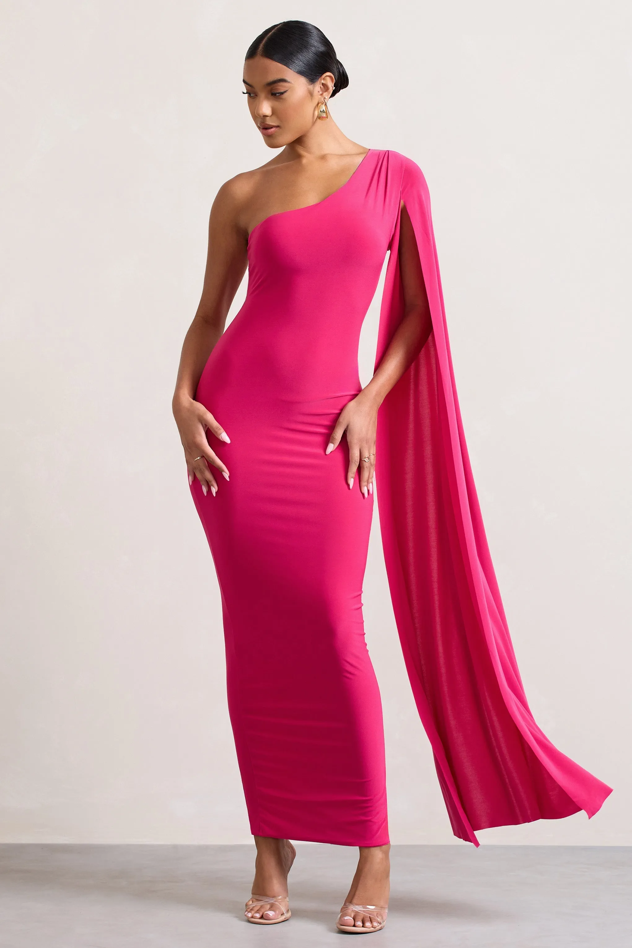 Dominique | Hot Pink One Shoulder Cape Sleeve Bodycon Maxi Dress