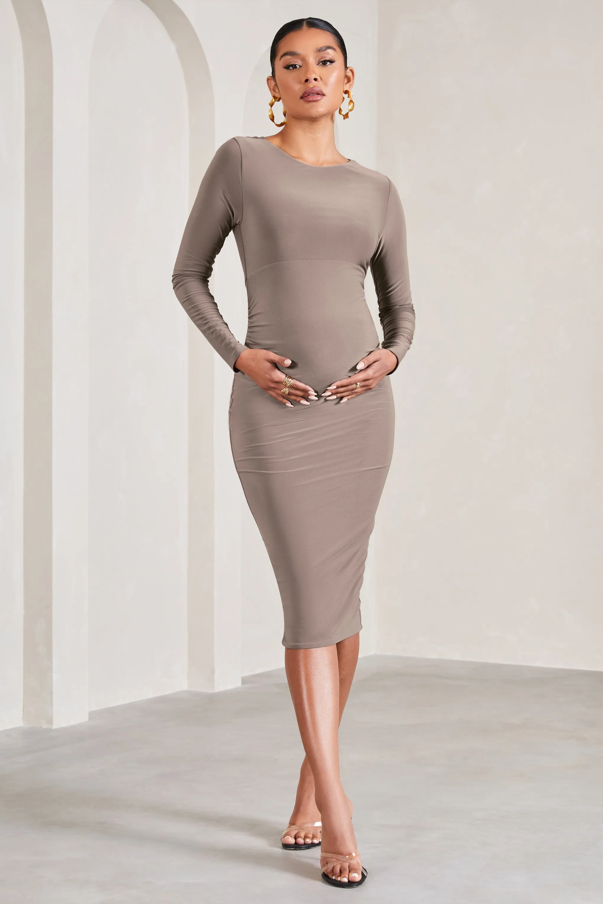 Embrace | Mocha Long-Sleeved Maternity Midi Dress