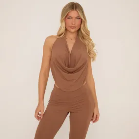 Extreme Cowl Neck Top In Matte Brown Slinky