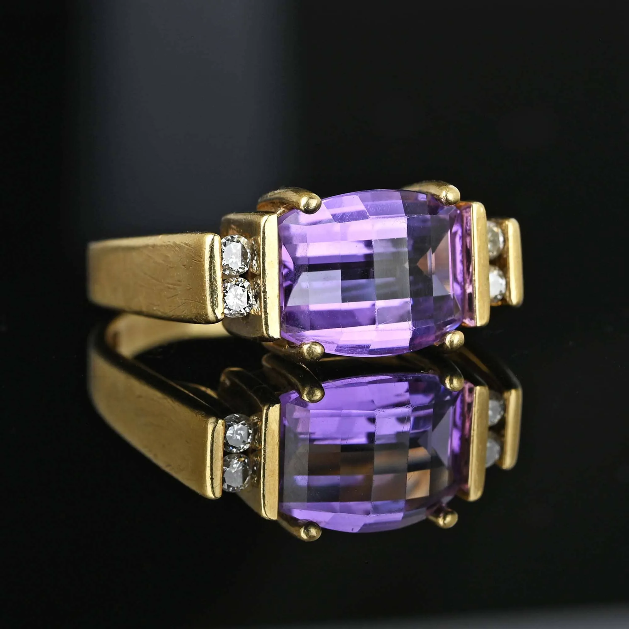 Fancy Diamond Barrel Cut Amethyst Ring Band in Gold