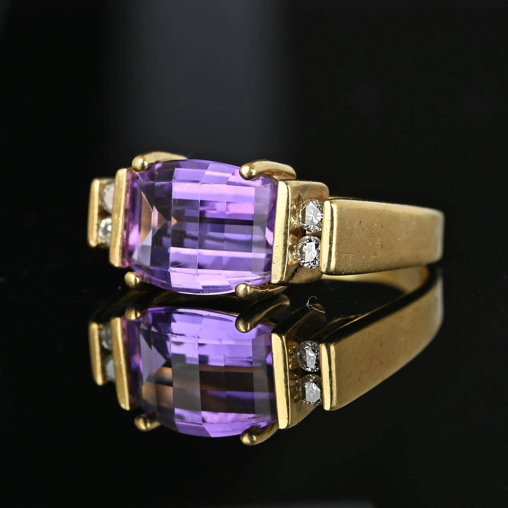 Fancy Diamond Barrel Cut Amethyst Ring Band in Gold