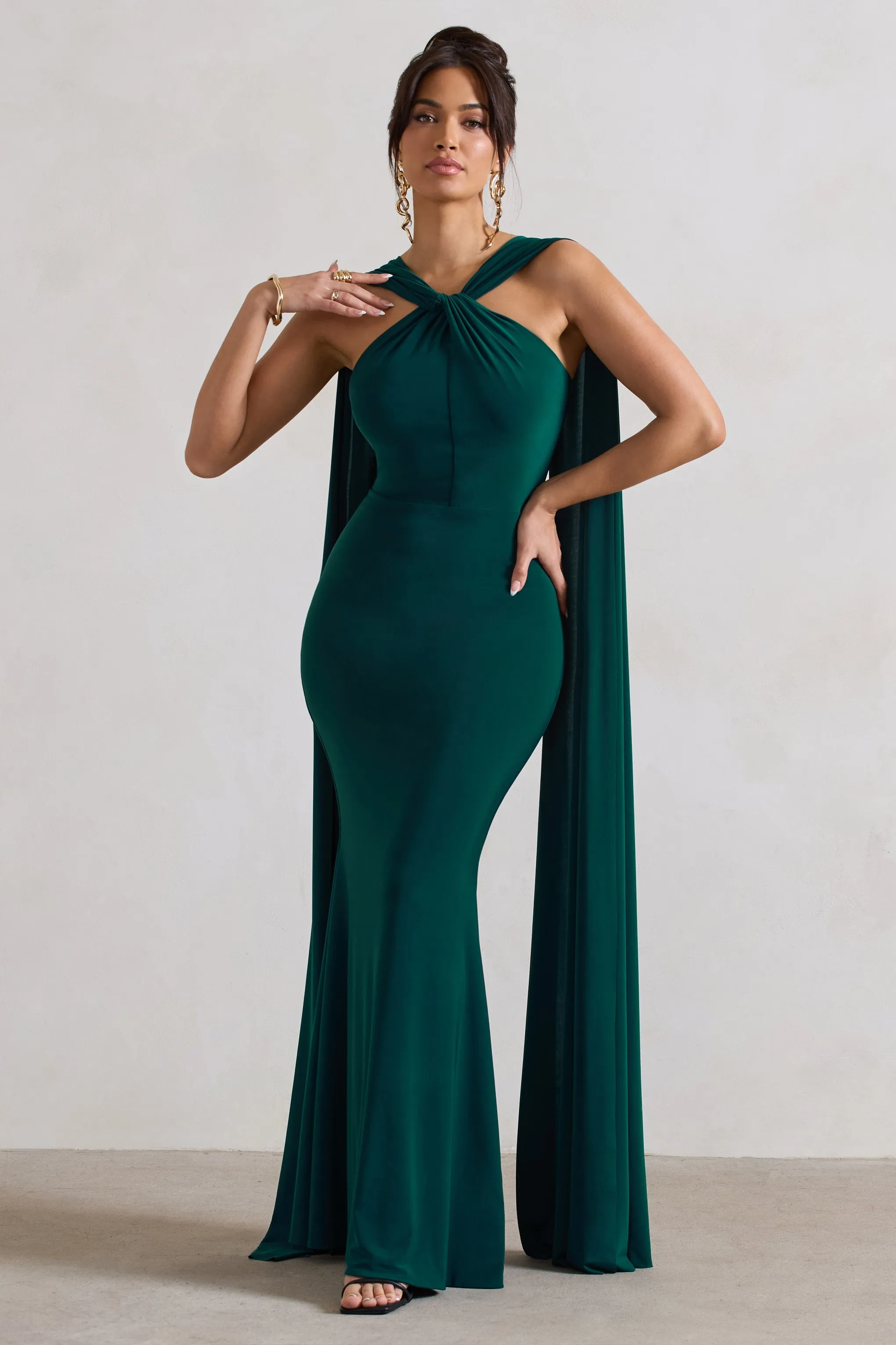 First Glance | Bottle Green Twist-Neck Cape Maxi Dress