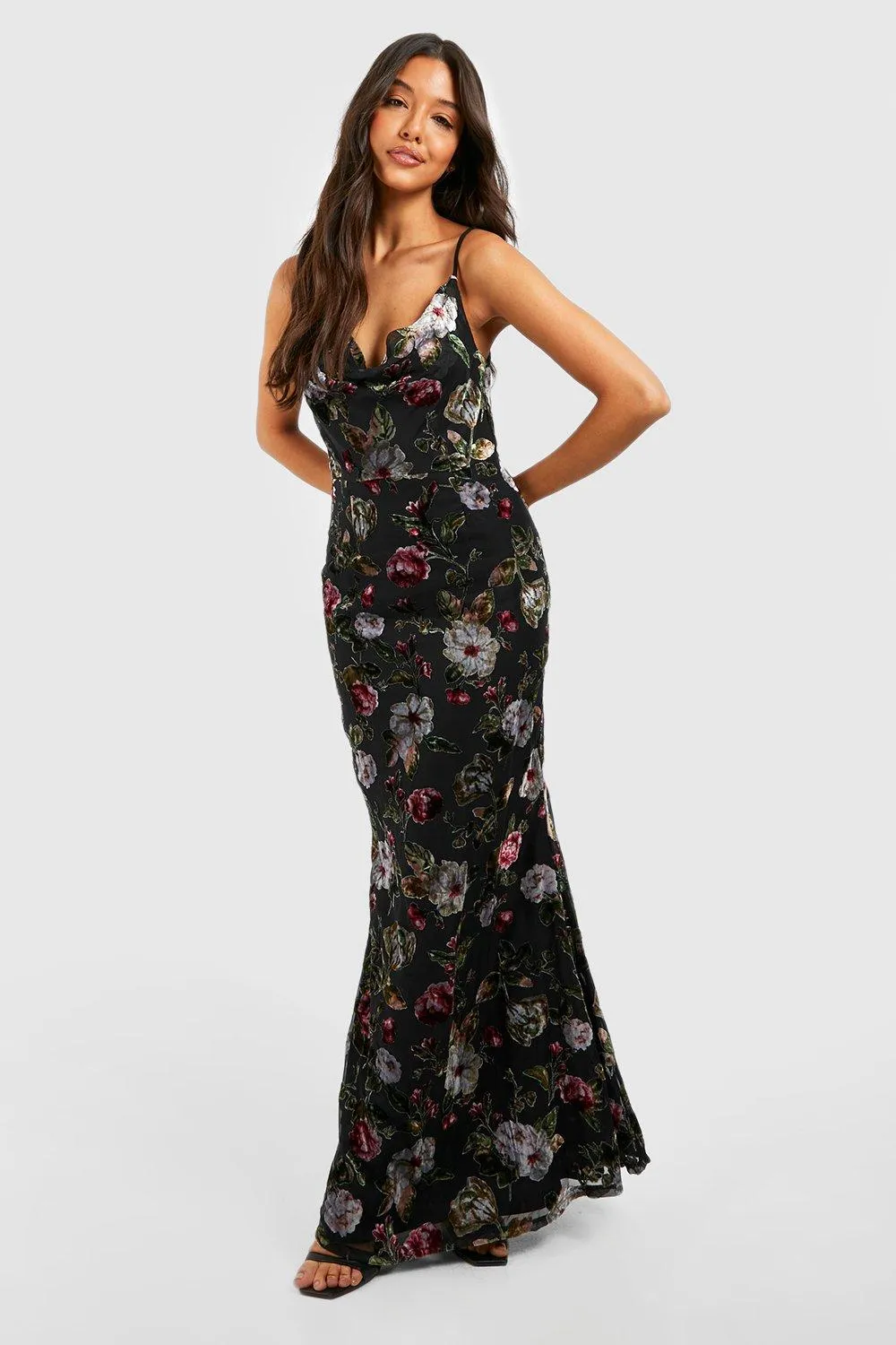 Floral Devore Cowl Neck Maxi Dress